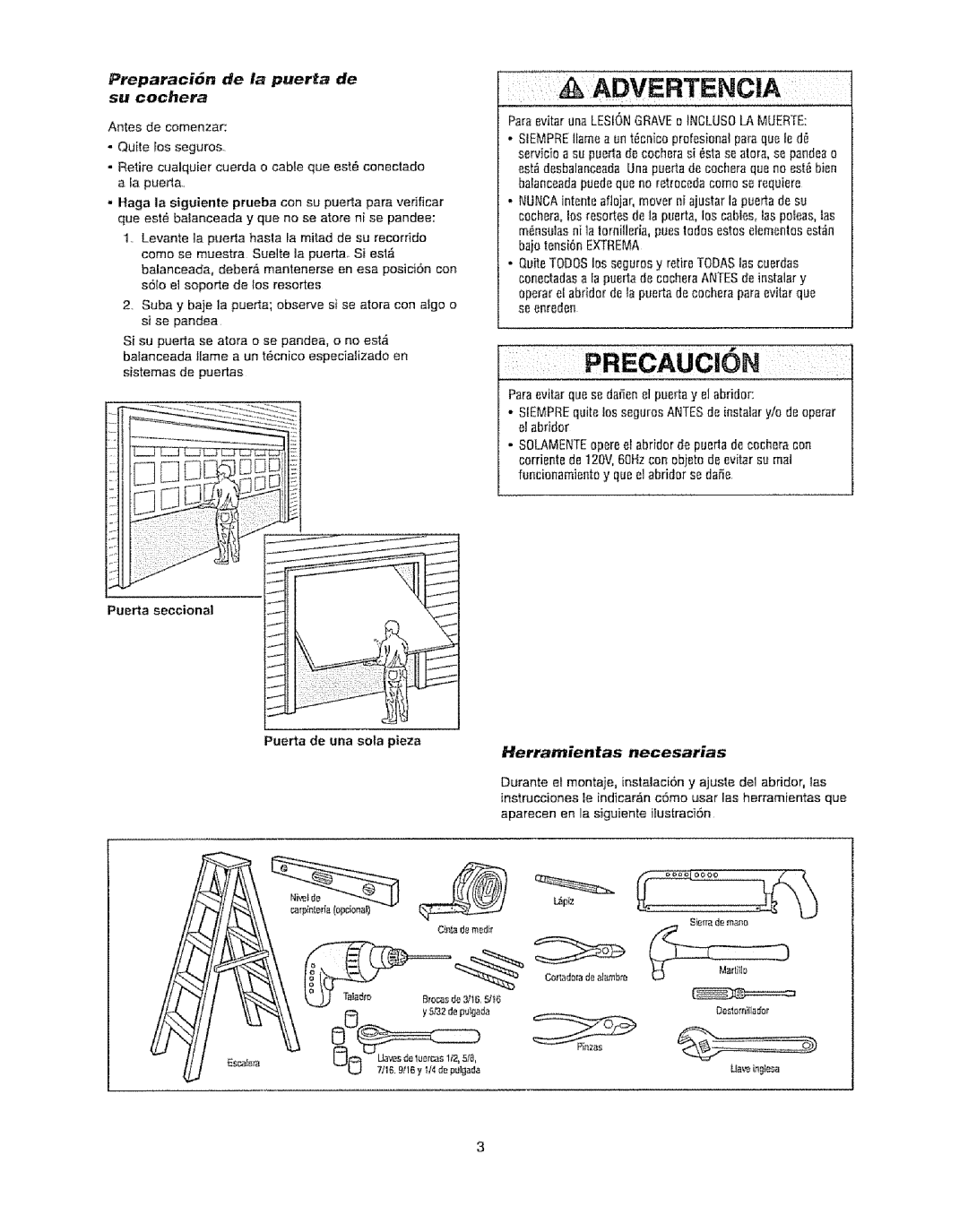 Craftsman 139.53920D owner manual PreparaciGn de la puerta de su cochera, Herramientas necesarias 