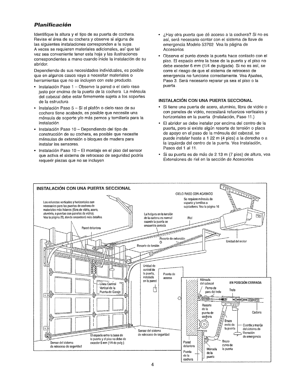 Craftsman 139.53920D owner manual Pianificaci6n, Instalacion CON UNA Puerta Seccional 