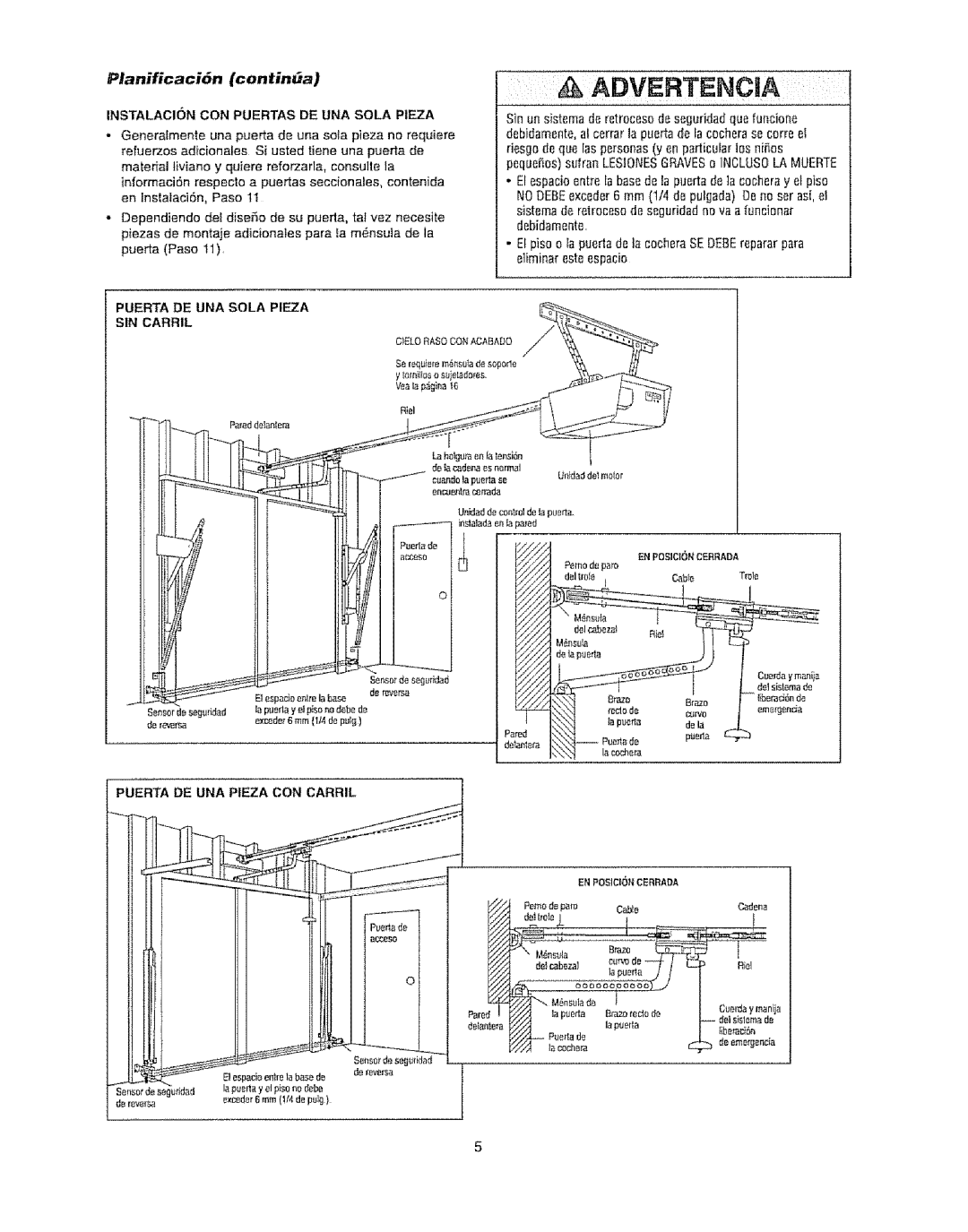 Craftsman 139.53920D Planificaci6n continUa, Instalacion CON Puertas DE UNA Sola Pieza, Puerta DE UNA PtEZA CON Carril 