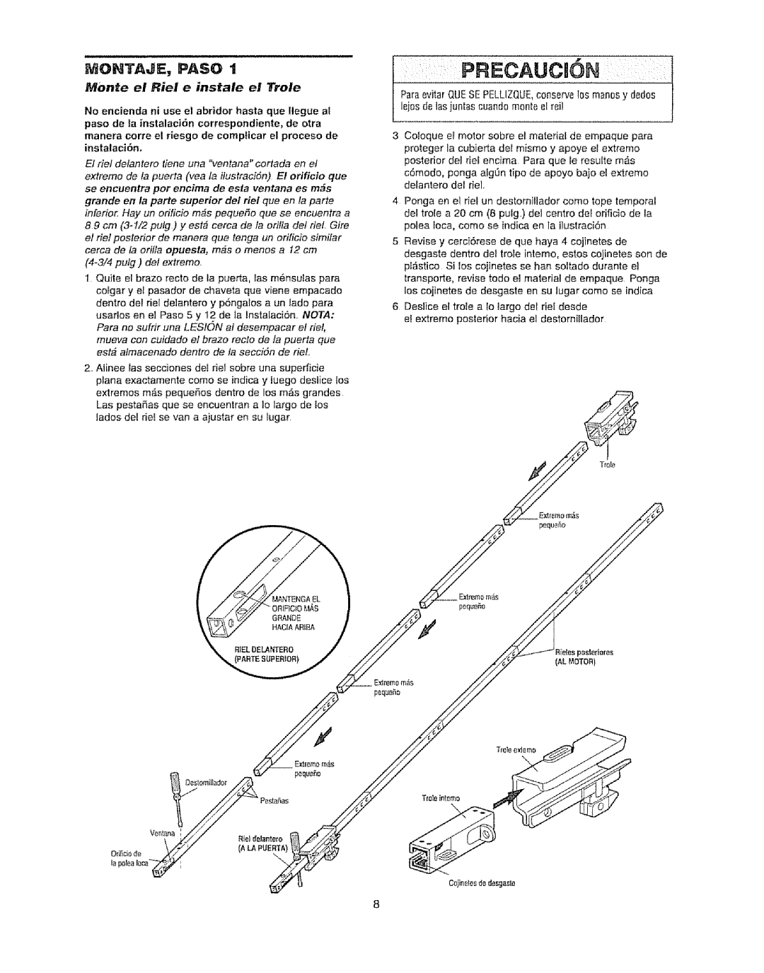 Craftsman 139.53920D owner manual MONTAJE, Paso, Monte el Riel e instale el Trole 