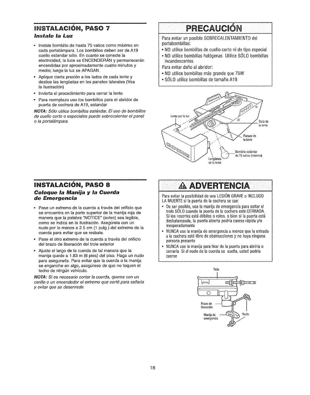 Craftsman 139.53920D owner manual NSTALACaON, Paso, Hnstale ia Luz, Coloque la Manija y la Cuerda de EEmergencia 