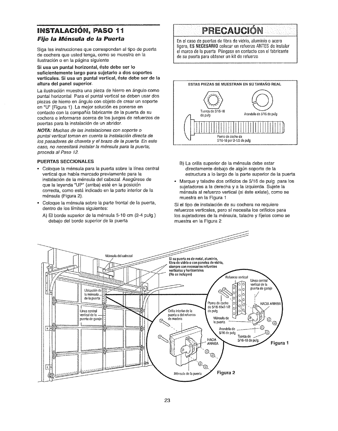 Craftsman 139.53920D owner manual NNSTALACm6N, Paso, Fije la Mnsula de la Puerta, Puertas Seccionales 