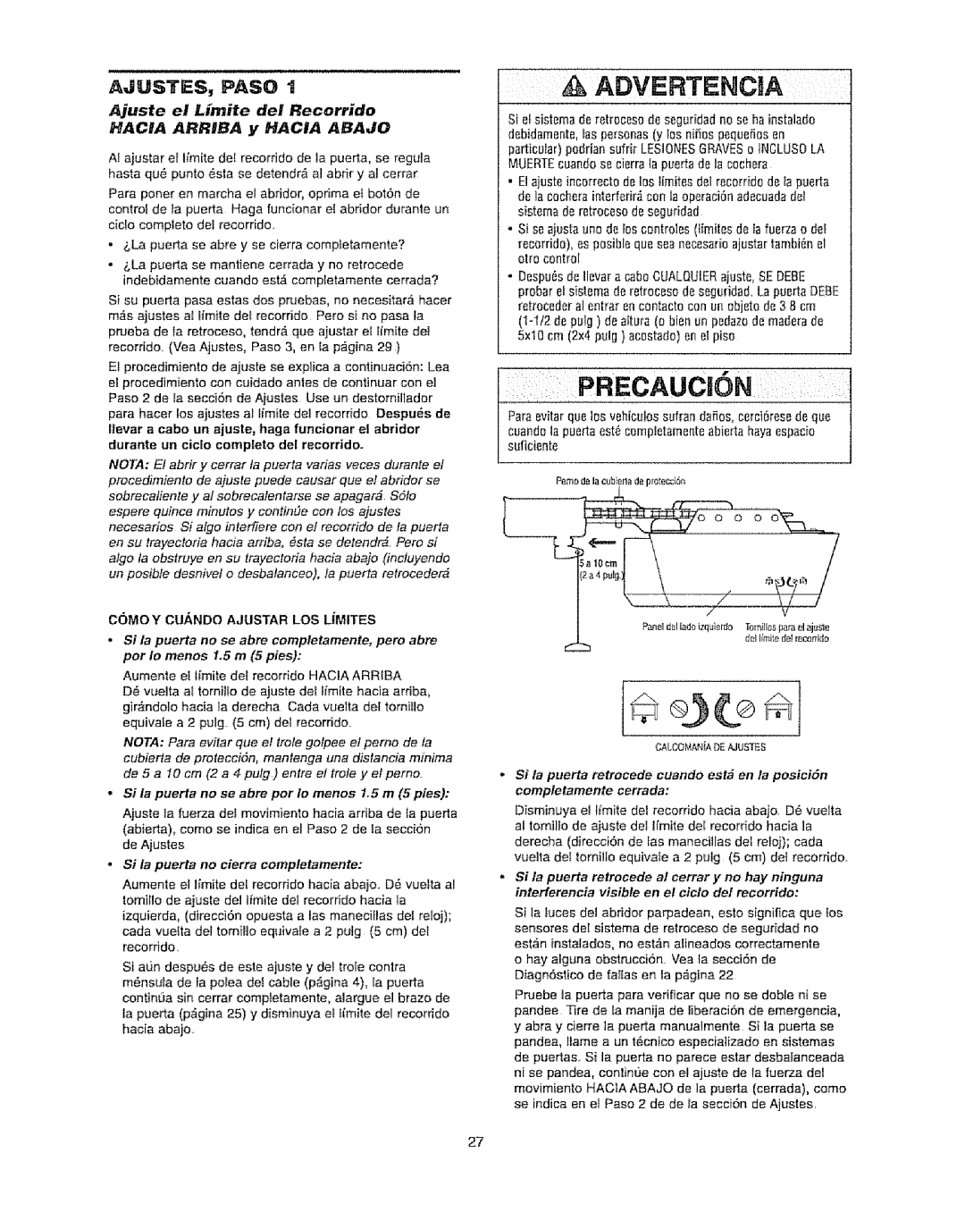 Craftsman 139.53920D owner manual Durante un ciclo complete del recorrido, COMa Y CU.,NDO Ajustar LOS LiMITES 