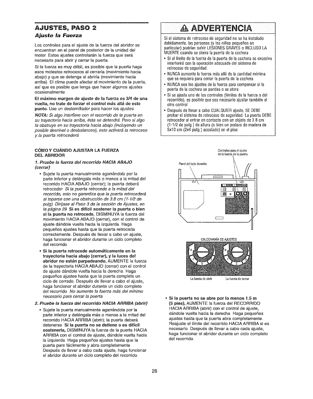 Craftsman 139.53920D owner manual Ajuste la Fuerza, Como Y CU,NDO Ajustar LA Fuerza DEL Abridor, Eerrar 