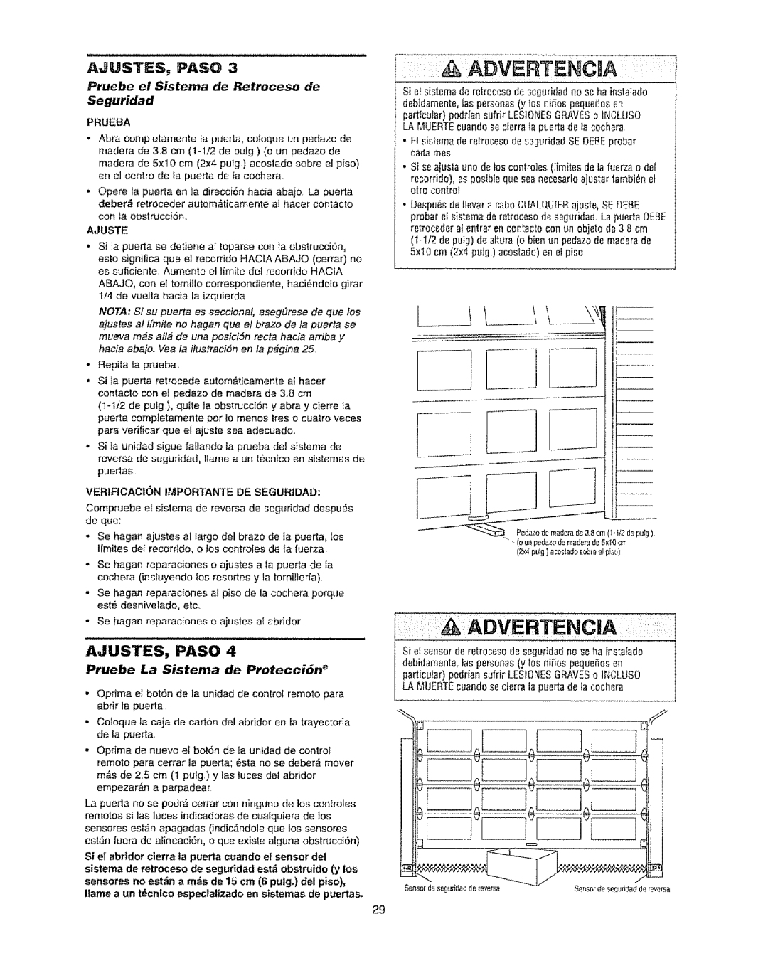 Craftsman 139.53920D Pruebe el Sisterna de Retroceso de Seguridad, Pruebe La Sistema de Protecci6n e, Prueba, Ajuste 