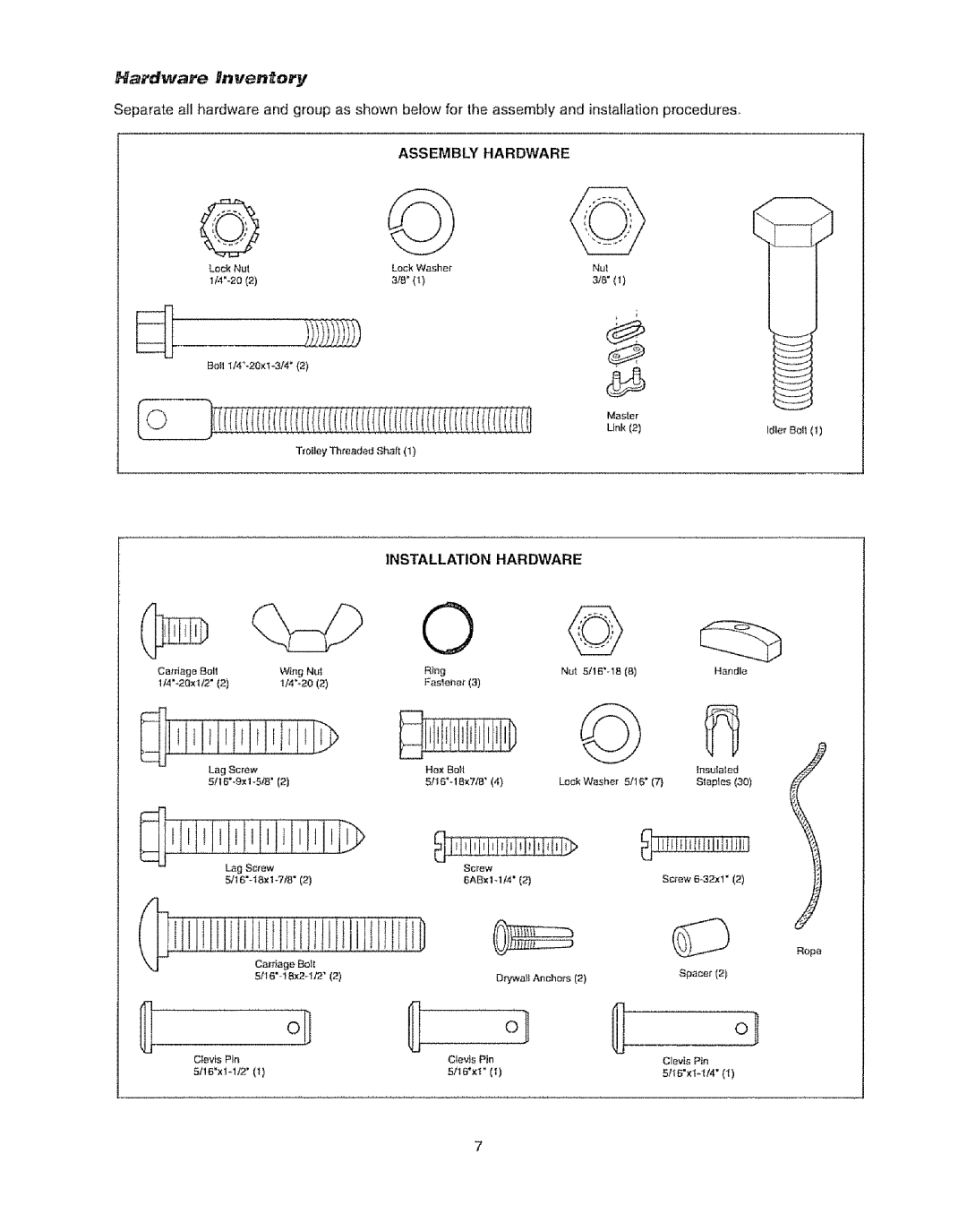 Craftsman 139.53920D owner manual IlililiIililitililil, Assembly Hardware 