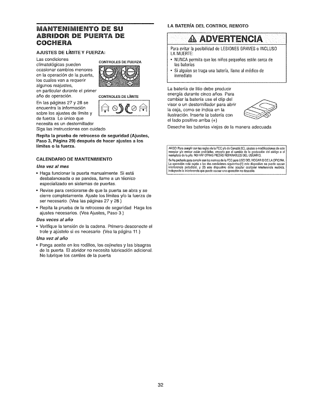 Craftsman 139.53920D IANTSNIMgEHTO DE SU, Ajustes DE Limite Y Fuerza, Controlesde Limite, LA Batera DEL Control Remoto 