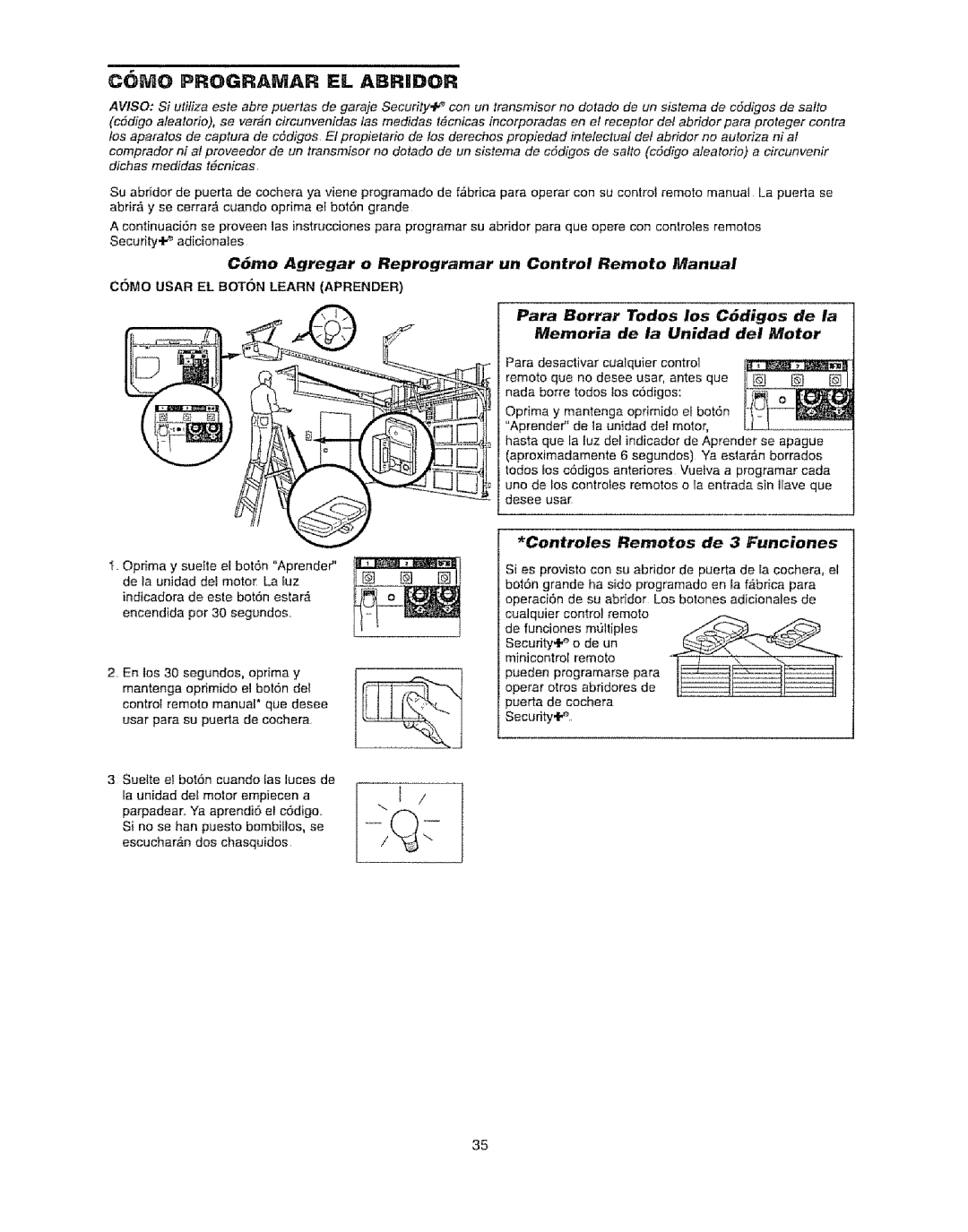 Craftsman 139.53920D owner manual C6mo Agregar o Reprogramar un Control Remoto Manual, Controles Rernotos de 3 Funciones 