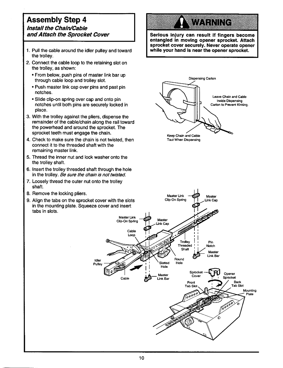 Craftsman 139.53978SRT owner manual Install the Chain/Cable Attach the Sprocket Cover, Master Link Clip-OnSpdng Unk Cap 