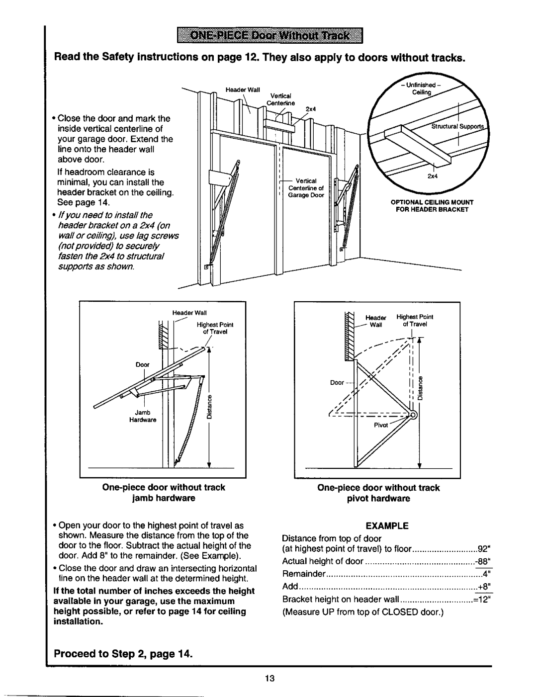 Craftsman 139.53978SRT owner manual One-piece door without track Jamb hardware, Example 