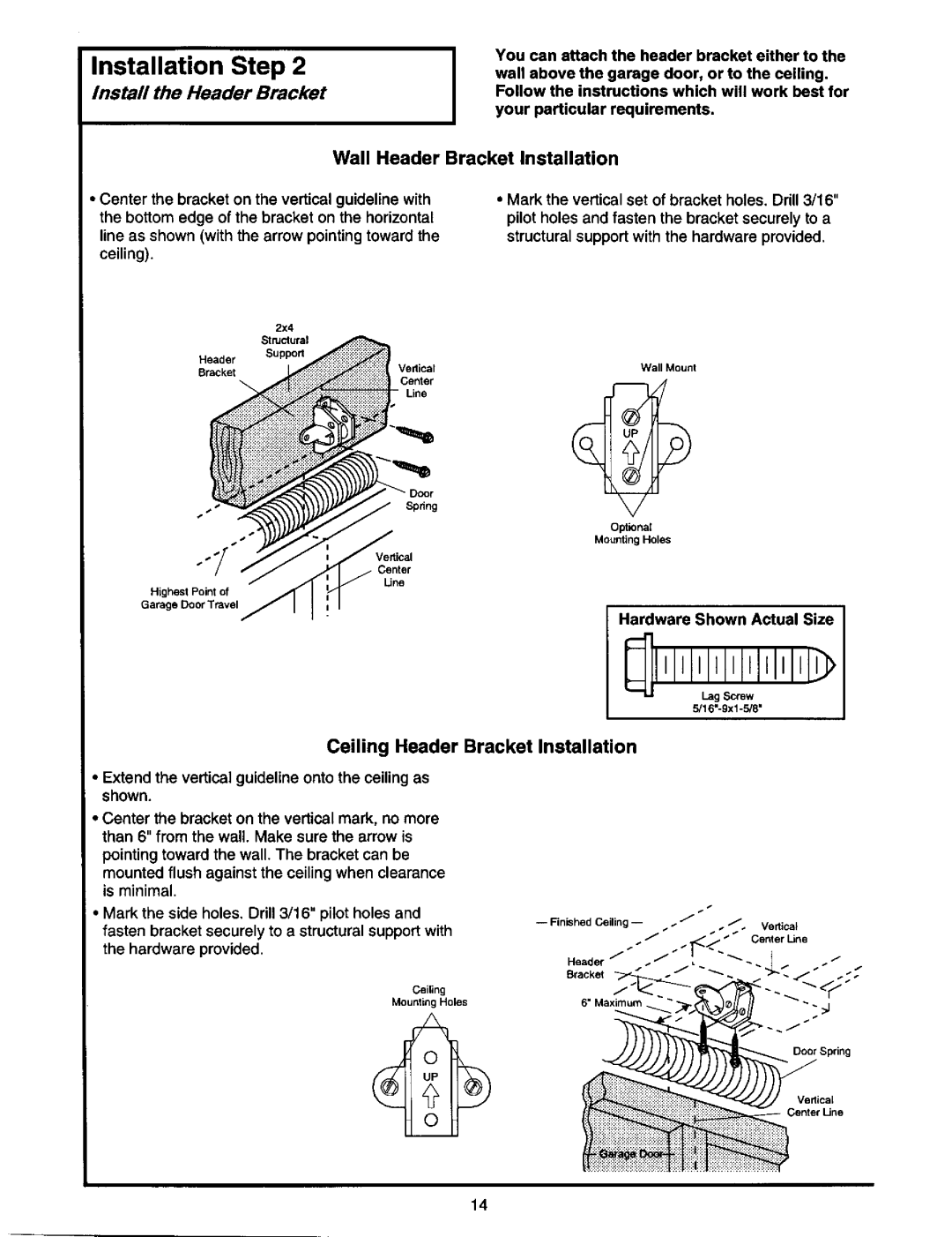 Craftsman 139.53978SRT Install the Header Bracket, Wall Header Bracket Installation, Ceiling Header Bracket Installation 