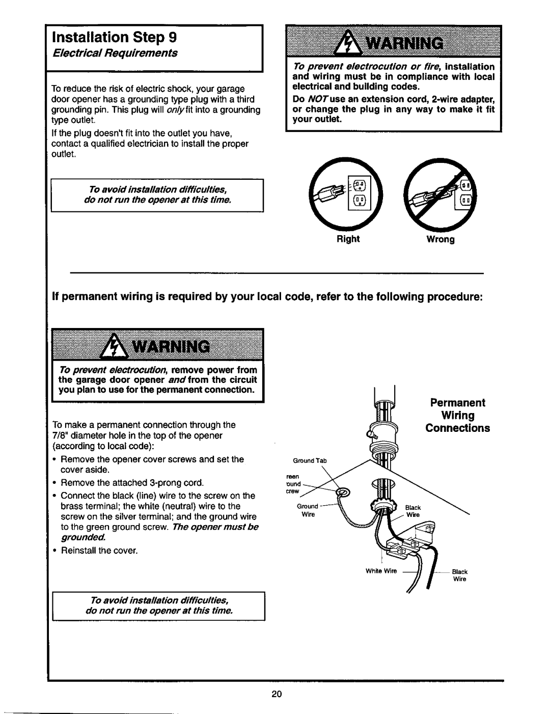 Craftsman 139.53978SRT owner manual Permanent Widng Connections, Electrical Requirements, RightWrong 