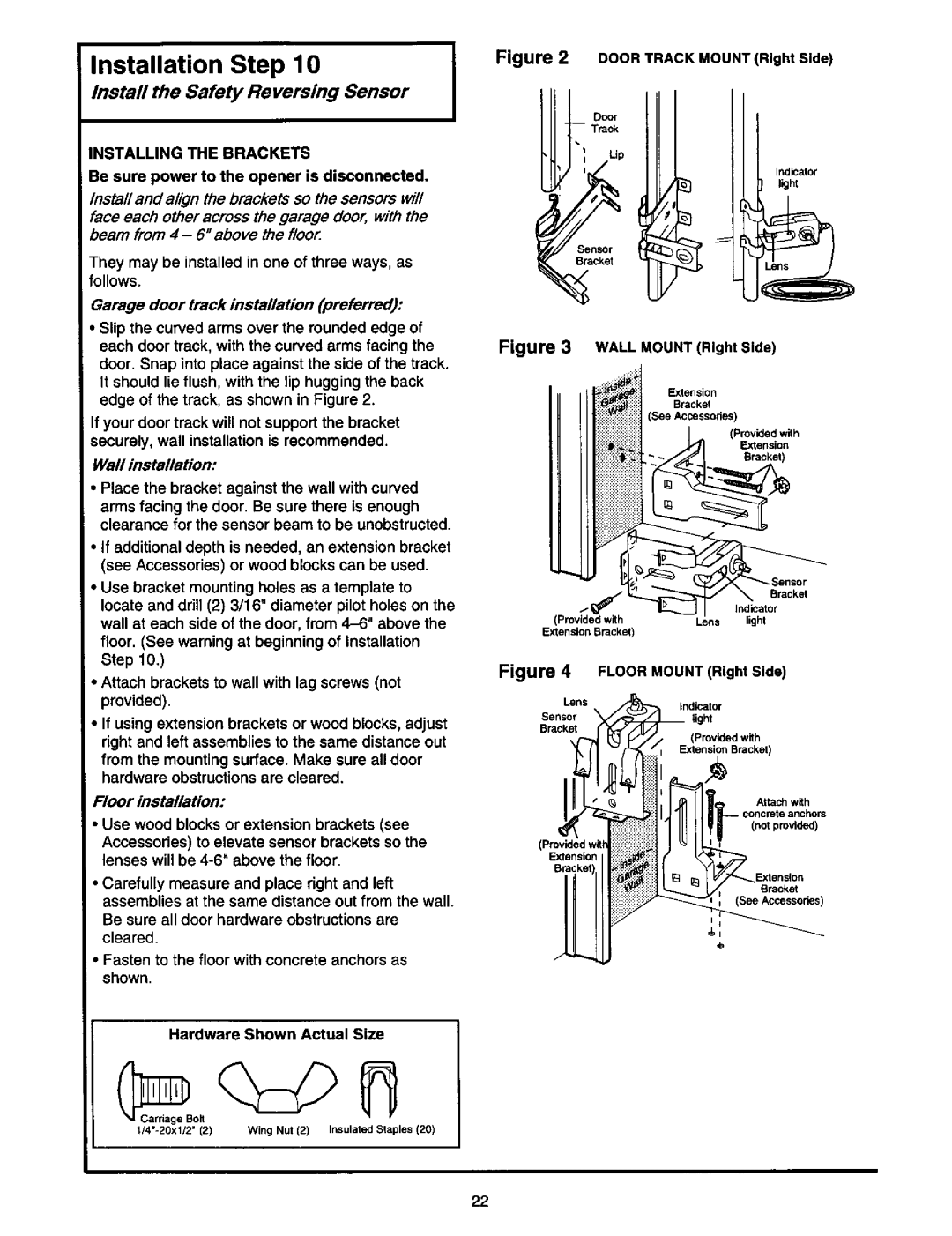 Craftsman 139.53978SRT Sensor Safety Reversing, Installing the Brackets, Be sure power to the opener is disconnected 