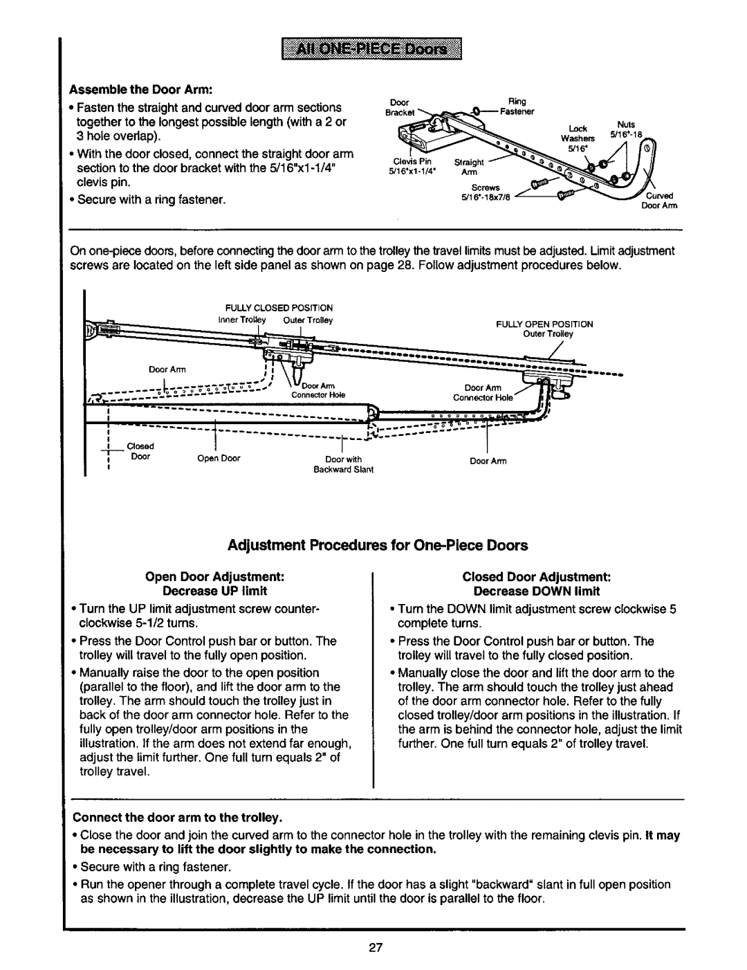 Craftsman 139.53978SRT owner manual Adjustment Procedures for One-Piece Doors 