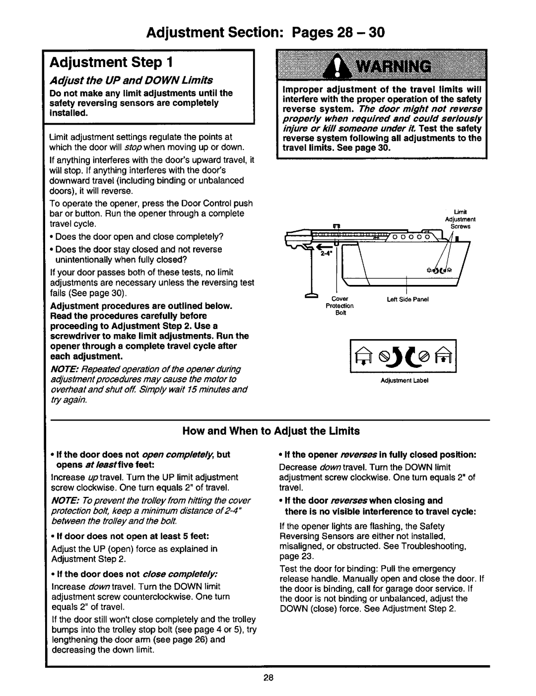 Craftsman 139.53978SRT owner manual Adjustment Section Pages 28 Adjustment Step, How and When to Adjust the Limits 