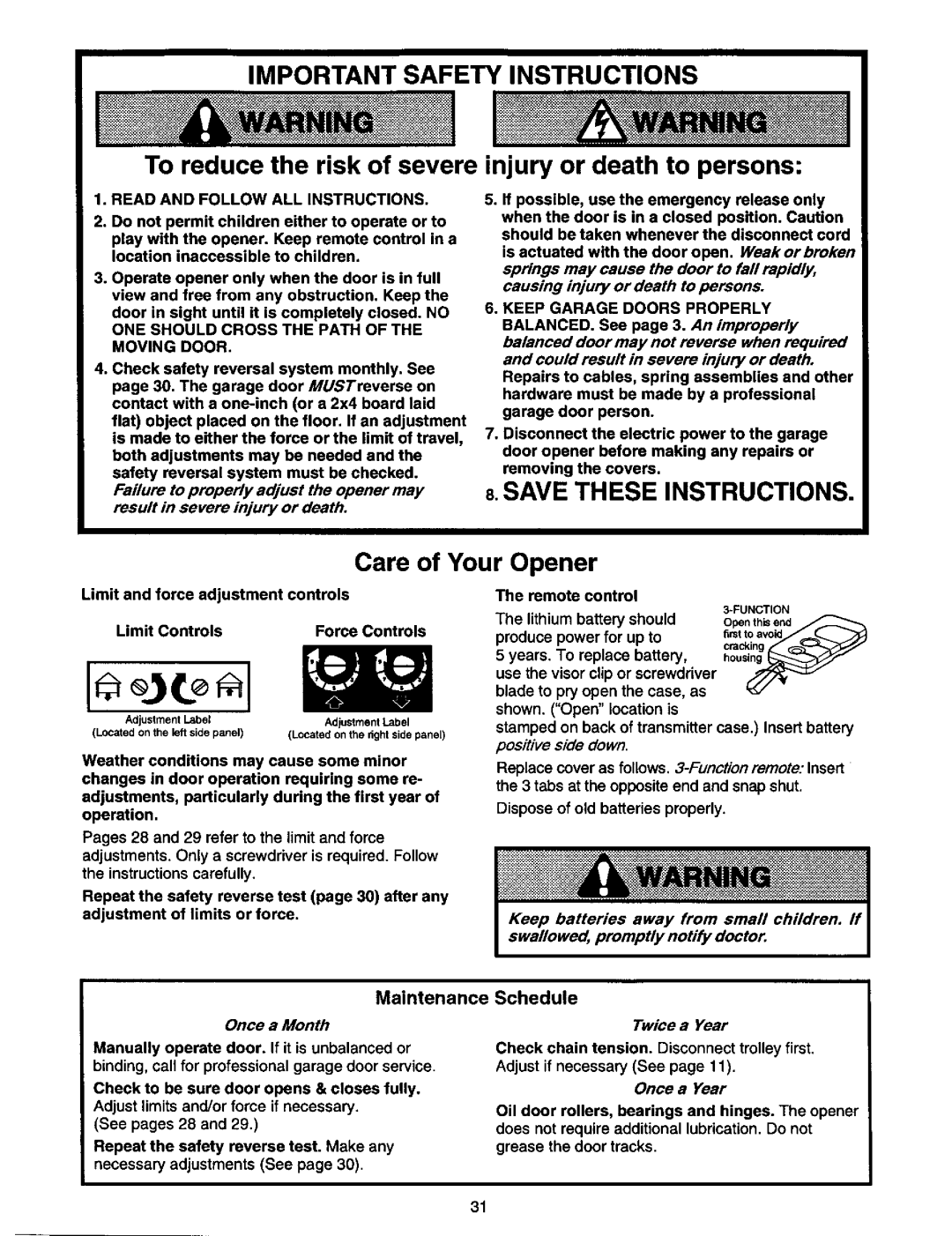 Craftsman 139.53978SRT owner manual To reduce the risk of severe injury or death to persons, Maintenance, Schedule 