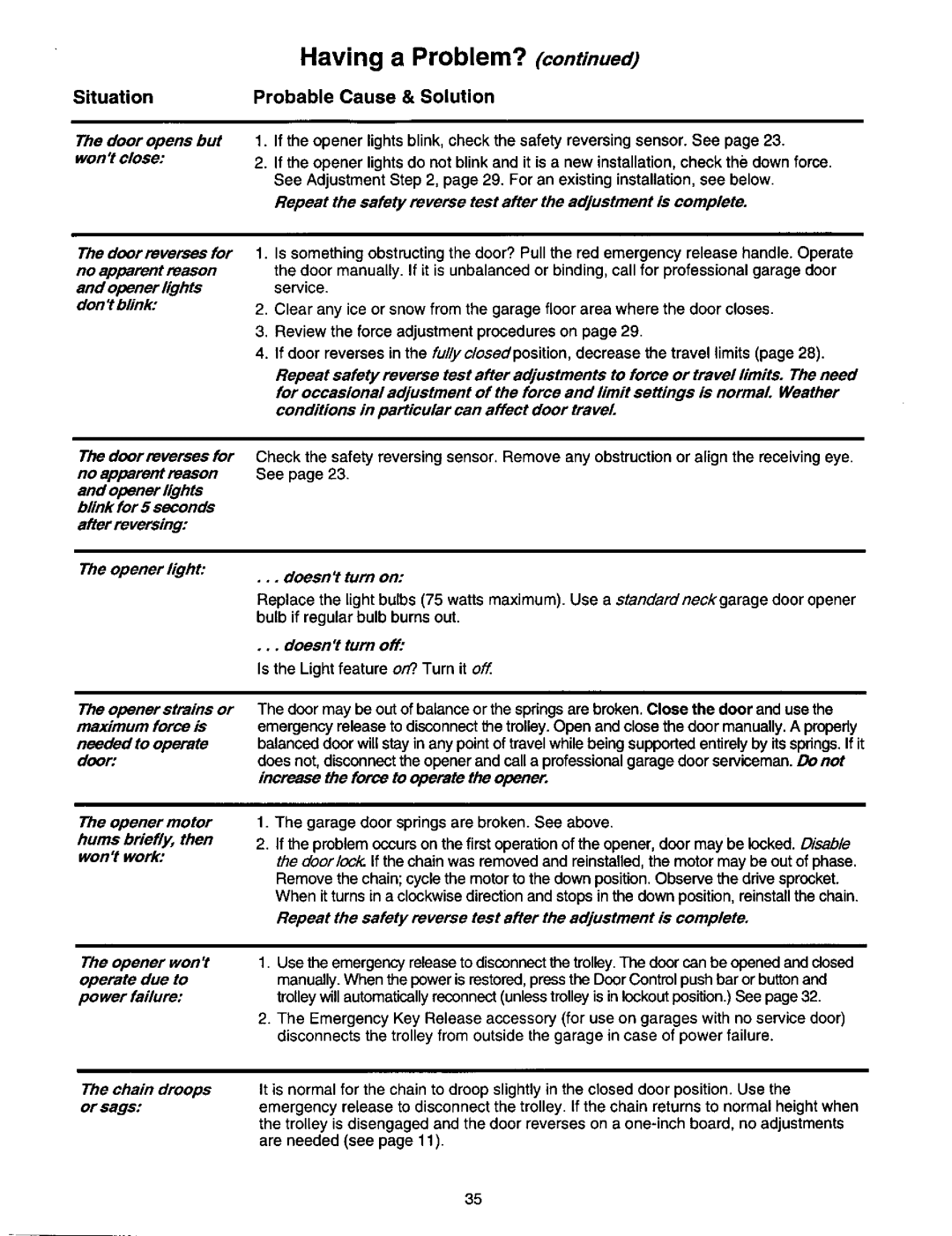 Craftsman 139.53978SRT owner manual Situation Probable Cause Solution, Door opens but, Opener lights blink for 5 seconds 