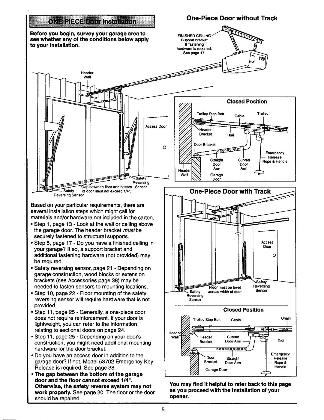 Craftsman 139.53978SRT owner manual One-Piece Door with Track, One-Piece Door without Track, Closed Position 