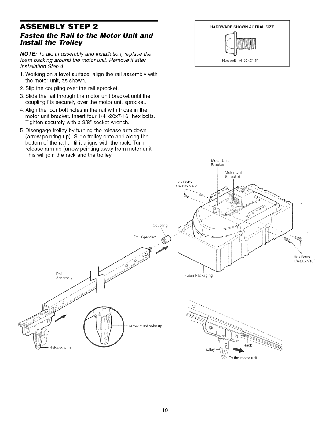 Craftsman 139.53993D owner manual Fasten the Rail to the Motor Unit Install the Trolley 