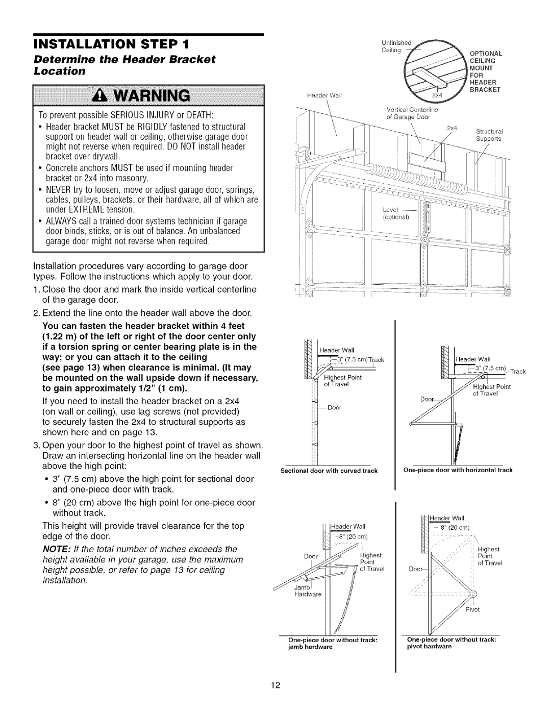 Craftsman 139.53993D owner manual Installation Step, Determine the Header Bracket Location 