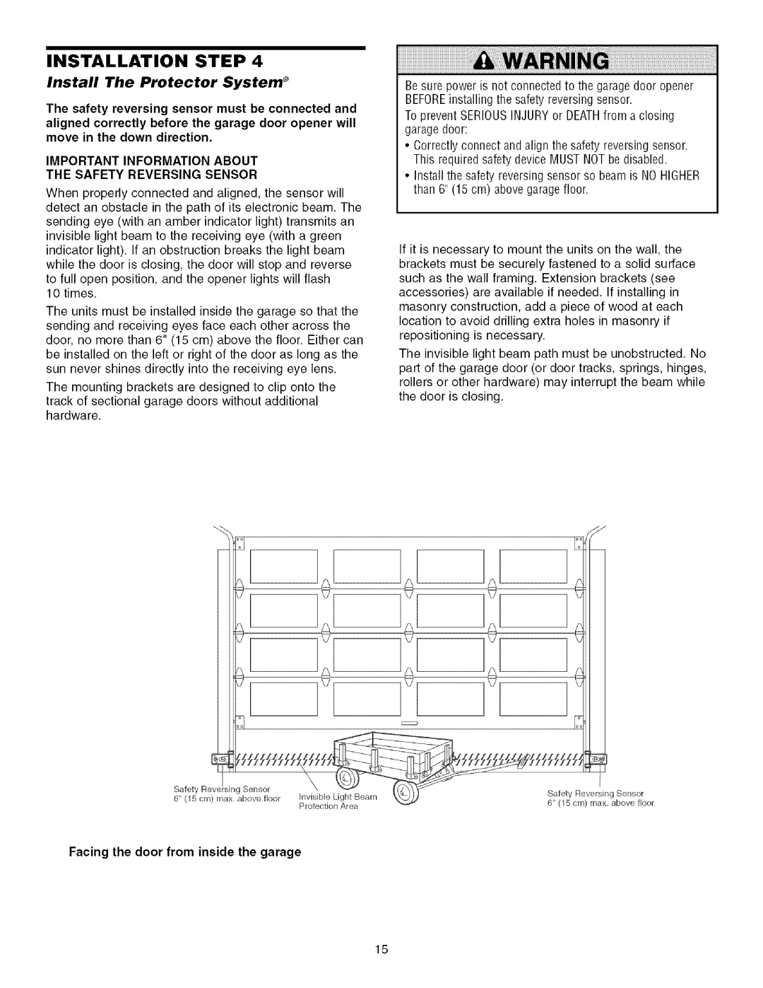 Craftsman 139.53993D owner manual Install The Protector System, Important Information about Safety Reversing Sensor 