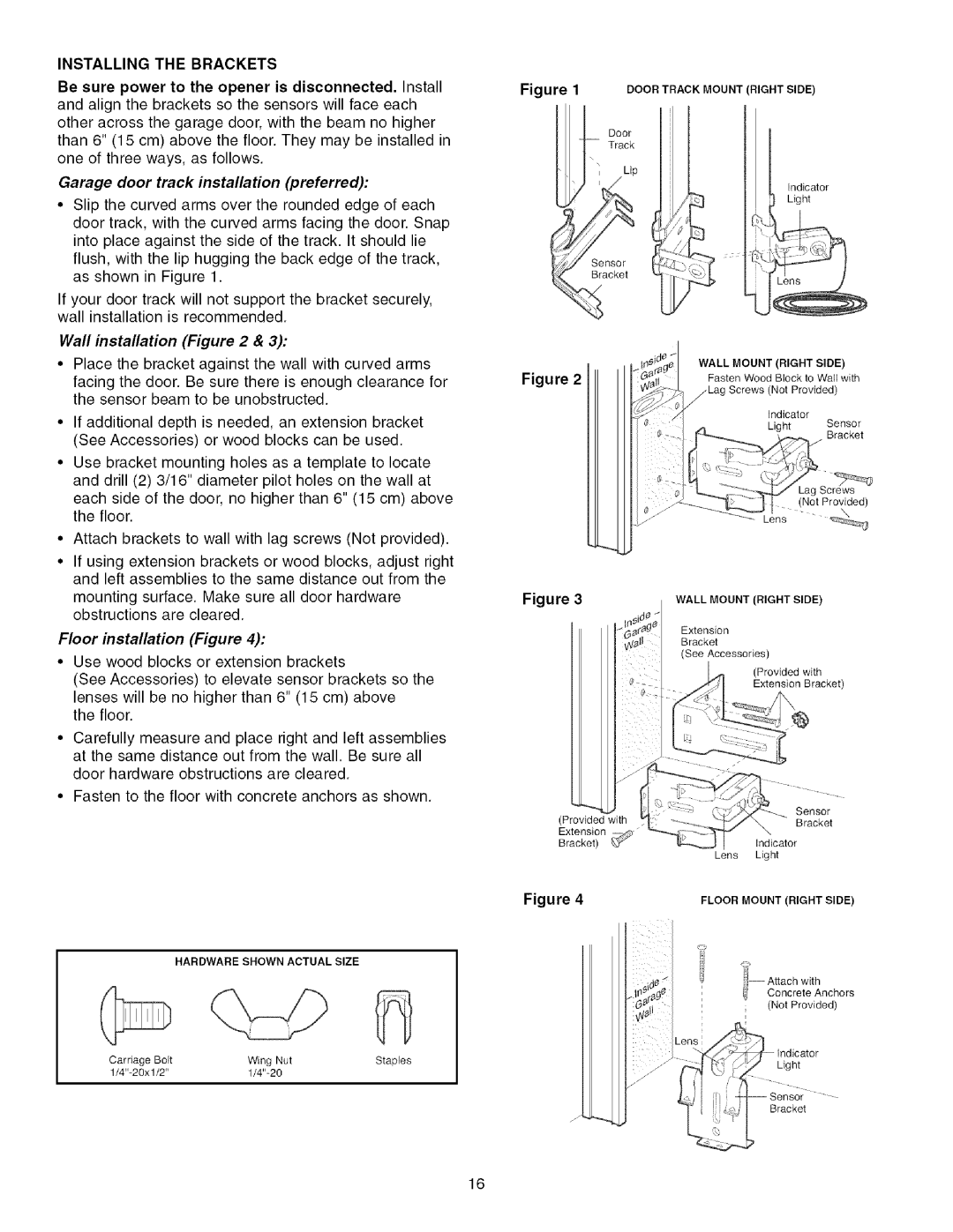 Craftsman 139.53993D owner manual Installing the Brackets, Garage door track installation preferred, Wall installation 