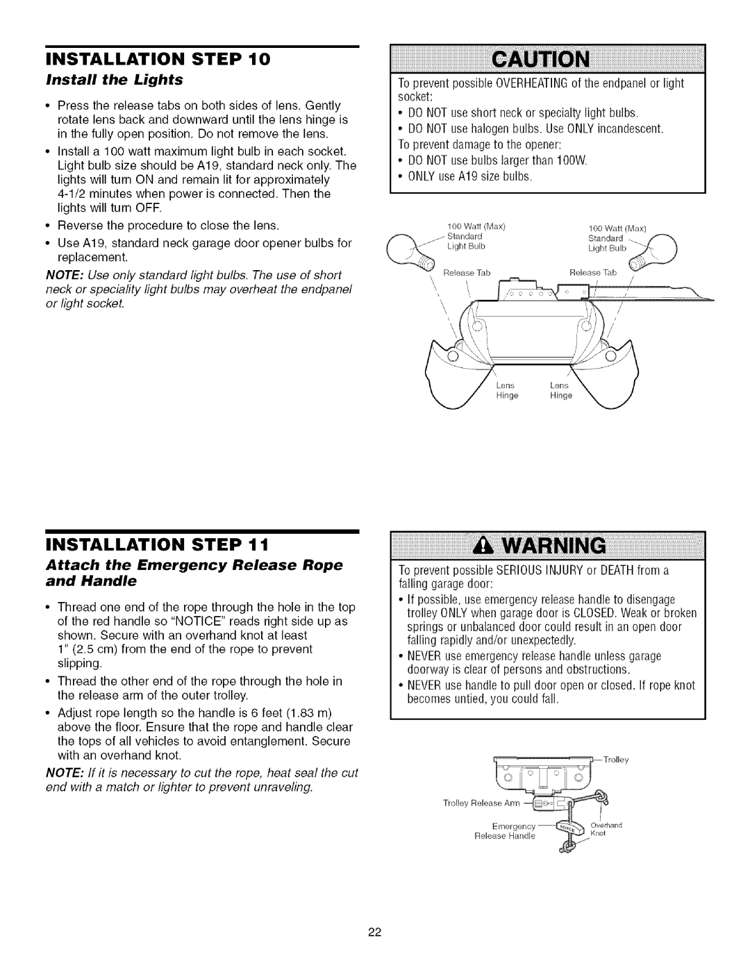 Craftsman 139.53993D owner manual Install the Lights, Attach the Emergency Release Rope and Handle 