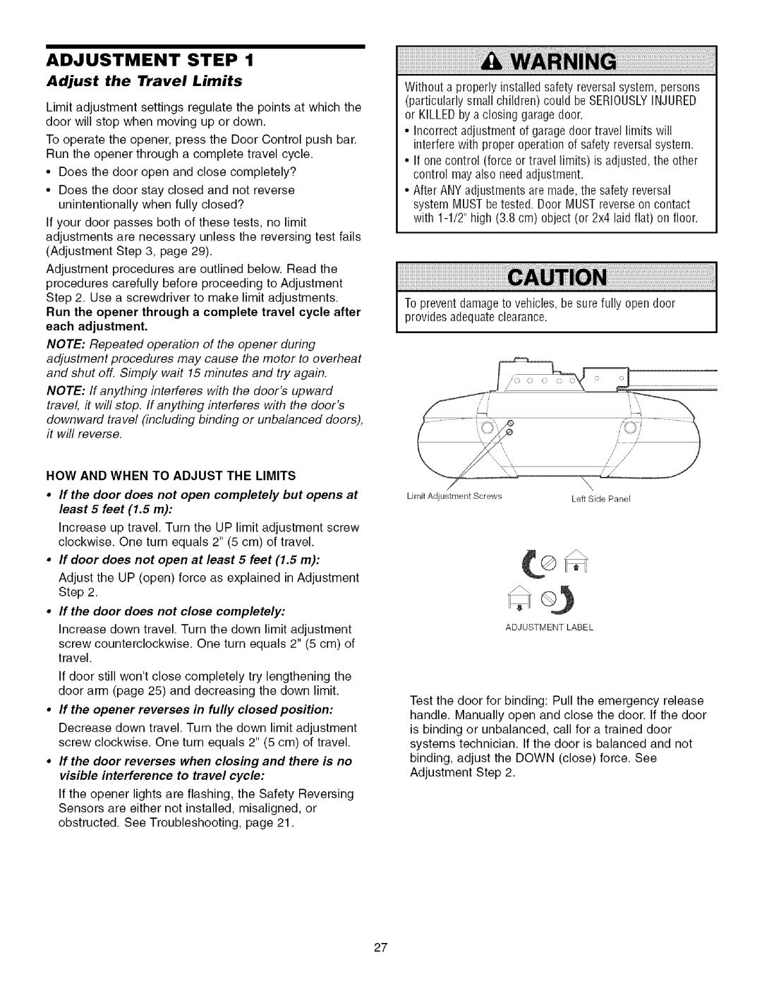 Craftsman 139.53993D owner manual Adjustment Step, Adjust the Travel Limits, HOW and When to Adjust the Limits 