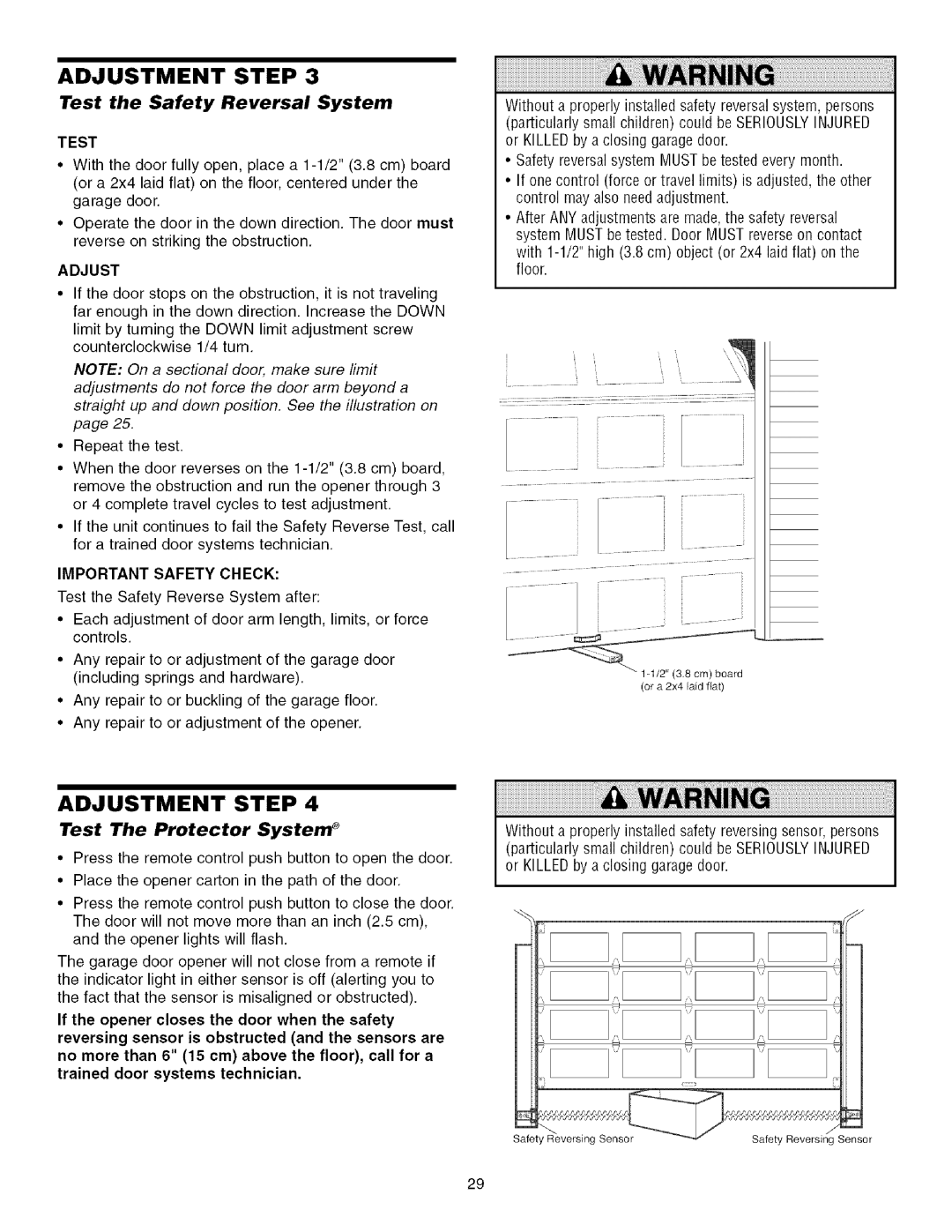 Craftsman 139.53993D Test the Safety Reversal System, Test The Protector System, Adjust, Important Safety Check 