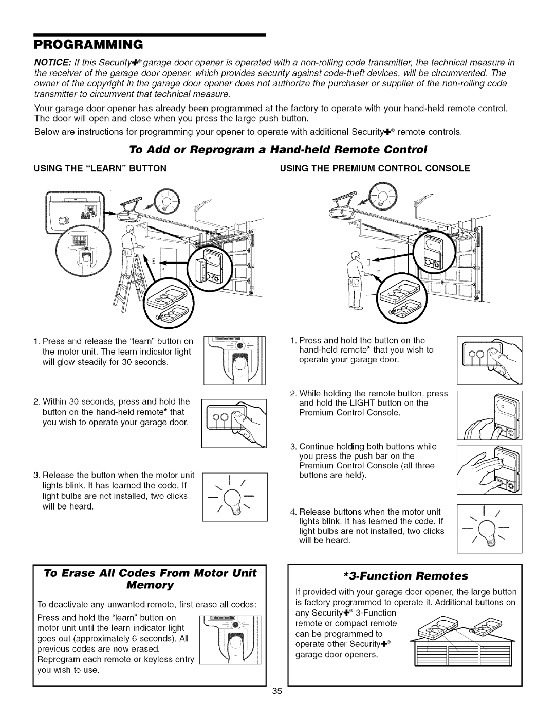 Craftsman 139.53993D owner manual Programming, To Add or Reprogram a Hand-held Remote Control, Function Remotes 