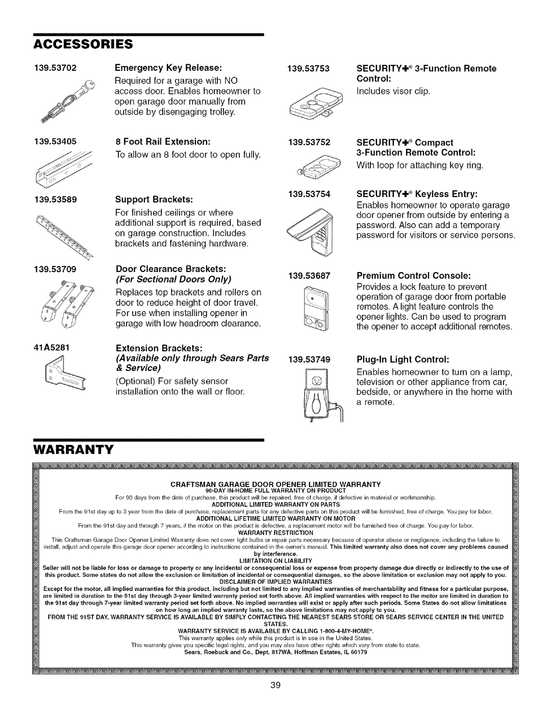 Craftsman 139.53993D Accessories, Warranty, For Sectional Doors Only, Available only through Sears Parts, Service 