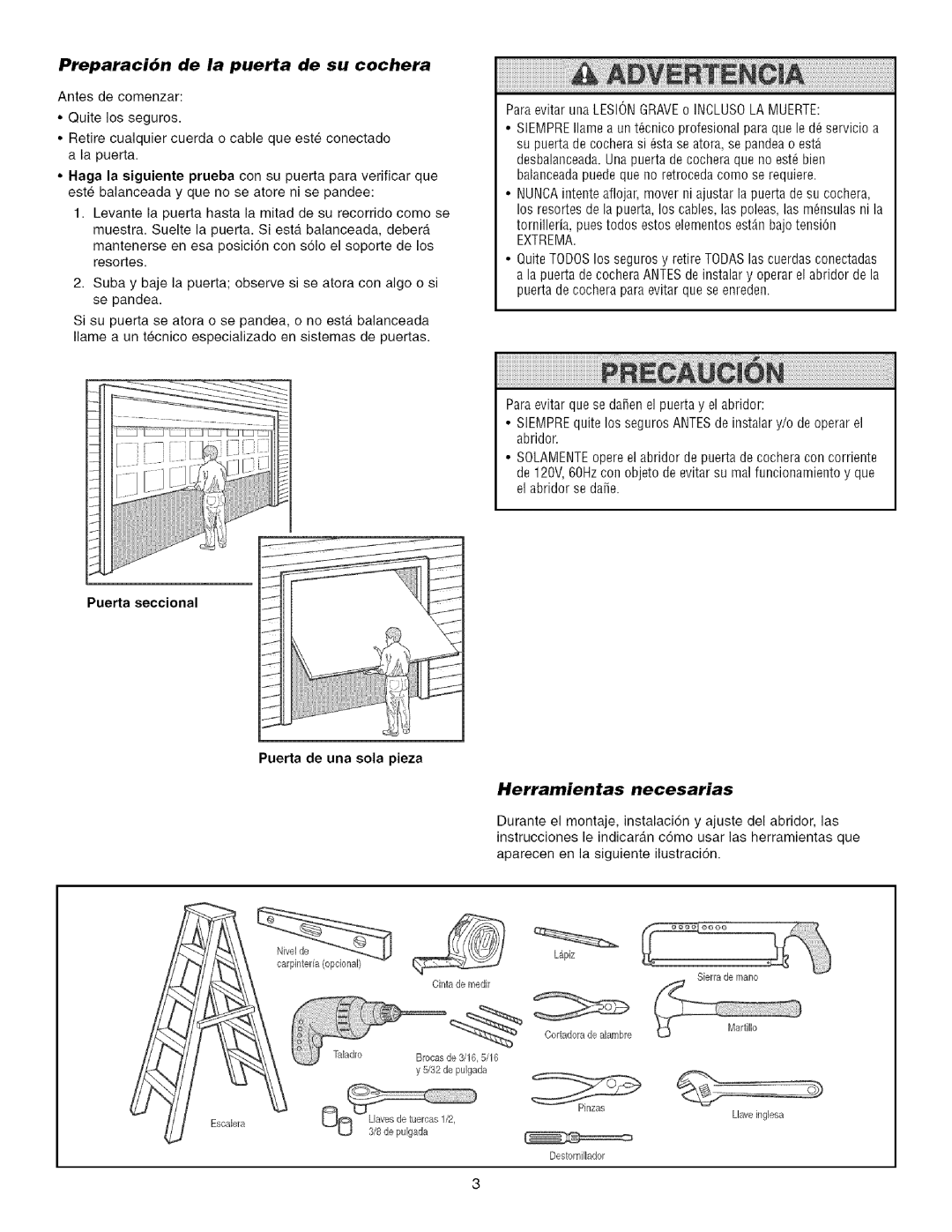 Craftsman 139.53993D owner manual Preparaci6n de la puerta de su cochera, Herramientas necesarias 