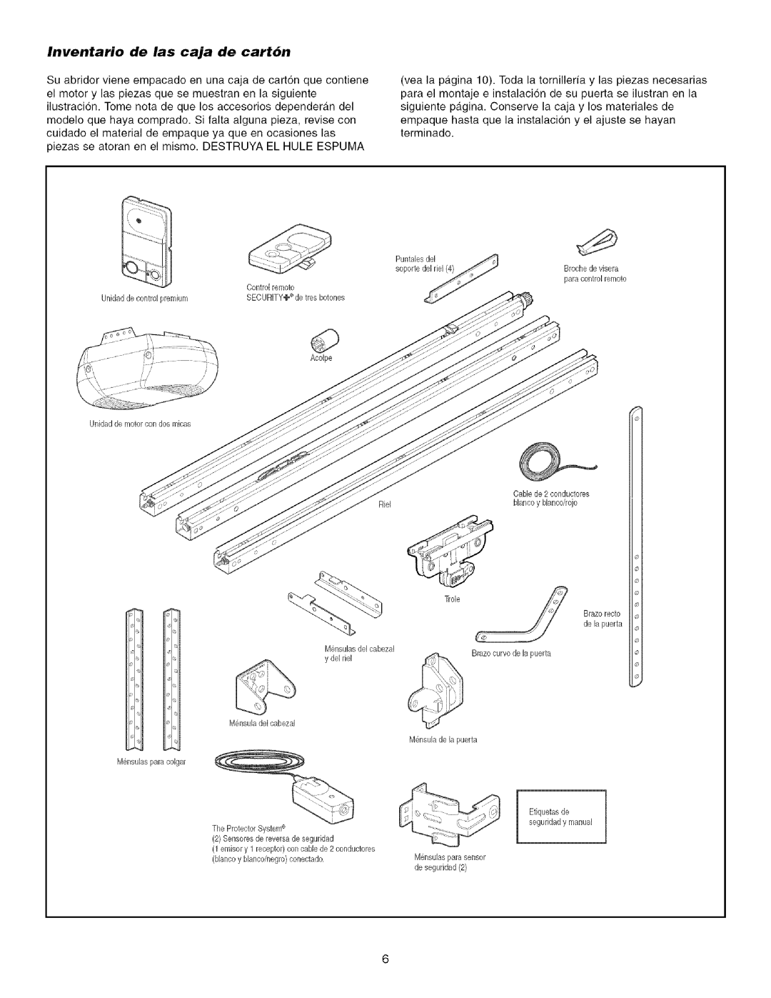 Craftsman 139.53993D owner manual Inventario de las caja de cart6n 