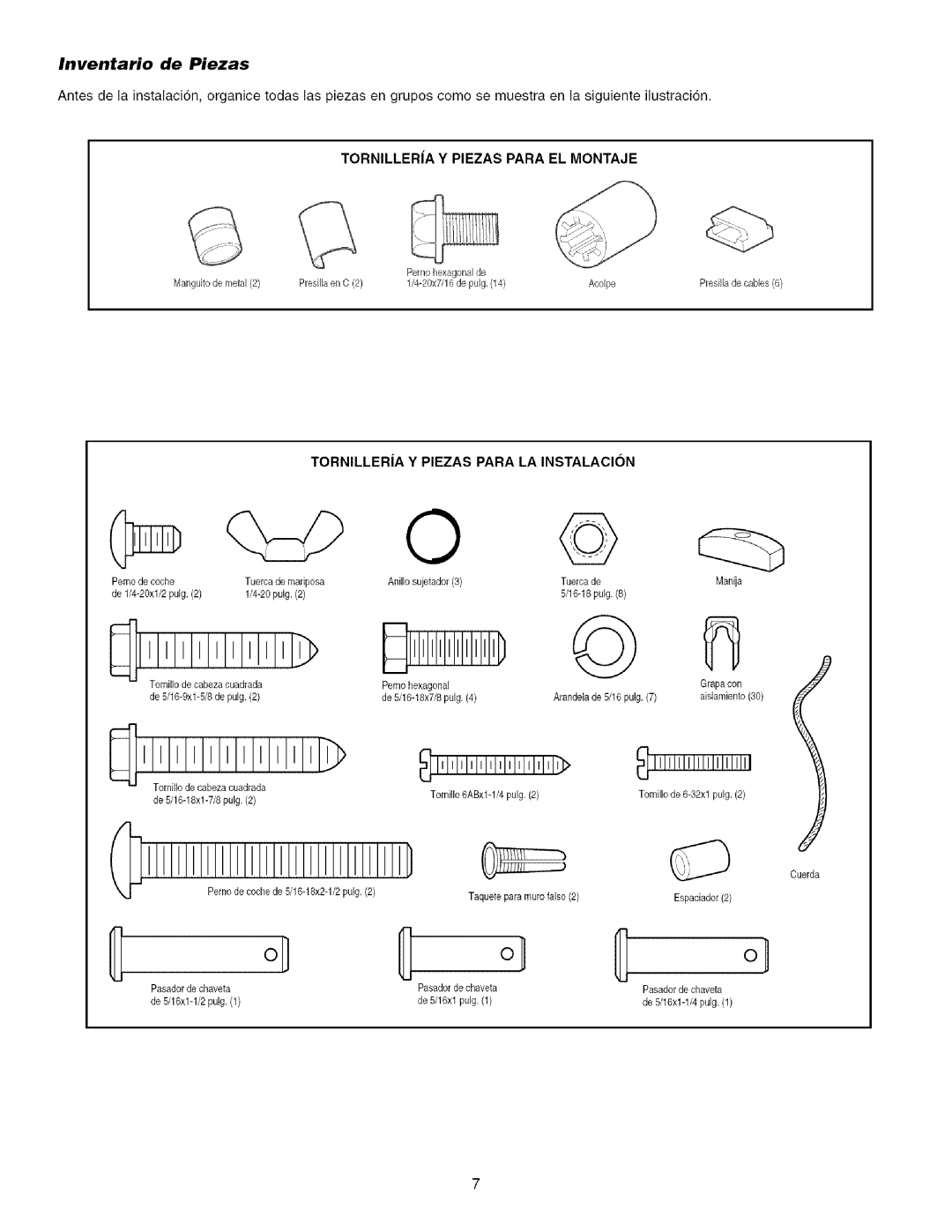 Craftsman 139.53993D owner manual Inventario de Piezas, Tornillera Y Piezas Para EL Montaje 