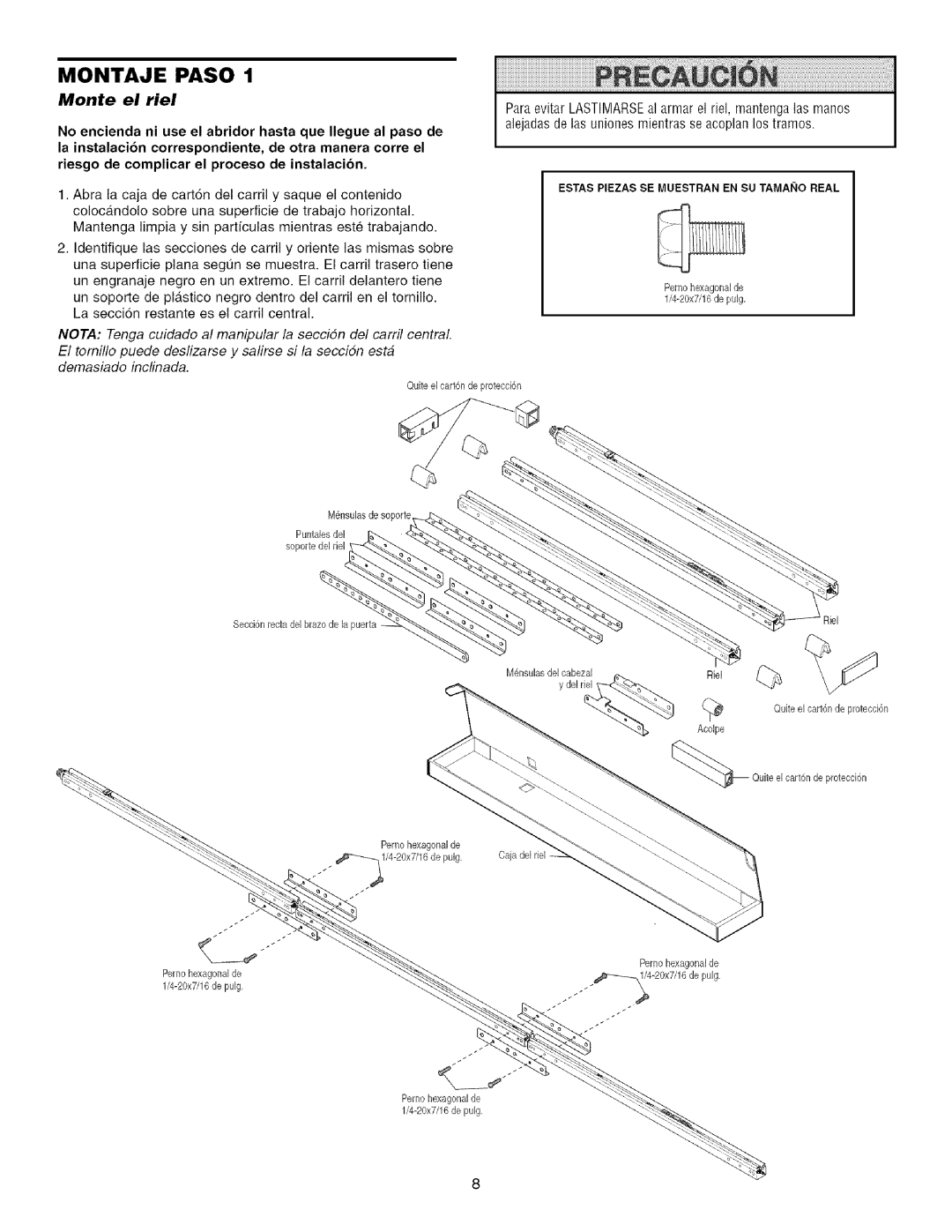 Craftsman 139.53993D owner manual Montaje Paso, Monte el riel 