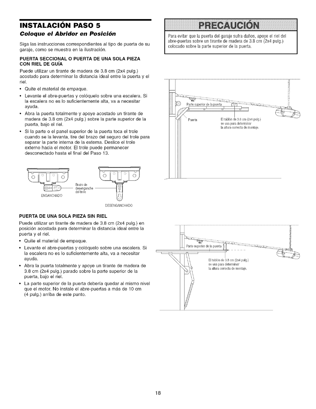 Craftsman 139.53993D Coloque el Abridor en Posici6n, Puerta DE UNA Sola Pieza SIN Riel, Enganchado Desenganchado 