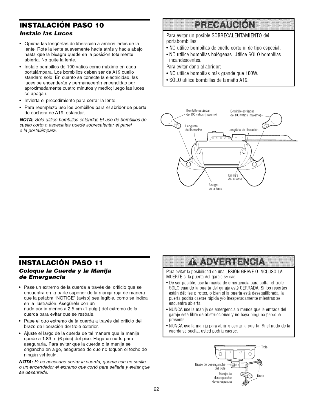 Craftsman 139.53993D owner manual Instale las Luces, Coloque la Cuerda y la Manija De Emergencia 