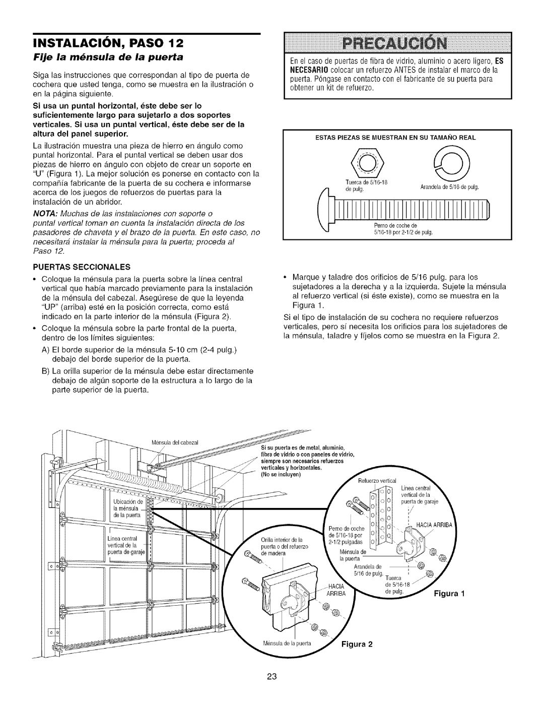 Craftsman 139.53993D owner manual Fije la mnsula de la puerta, Puertas Seccionales 