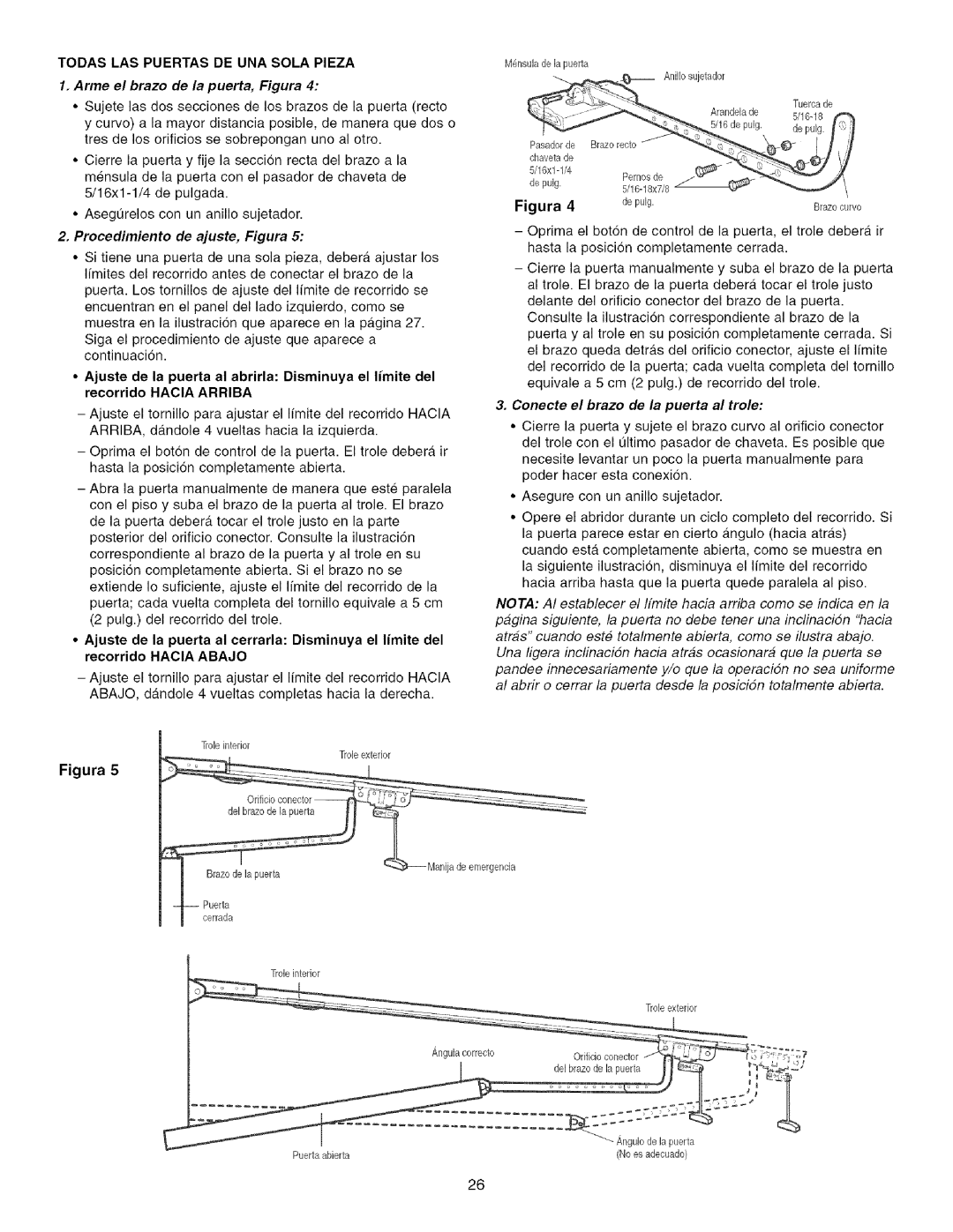 Craftsman 139.53993D owner manual Todas LAS Puertas DE UNA Sola Pieza, Arme el brazo de la puerta, Figura 