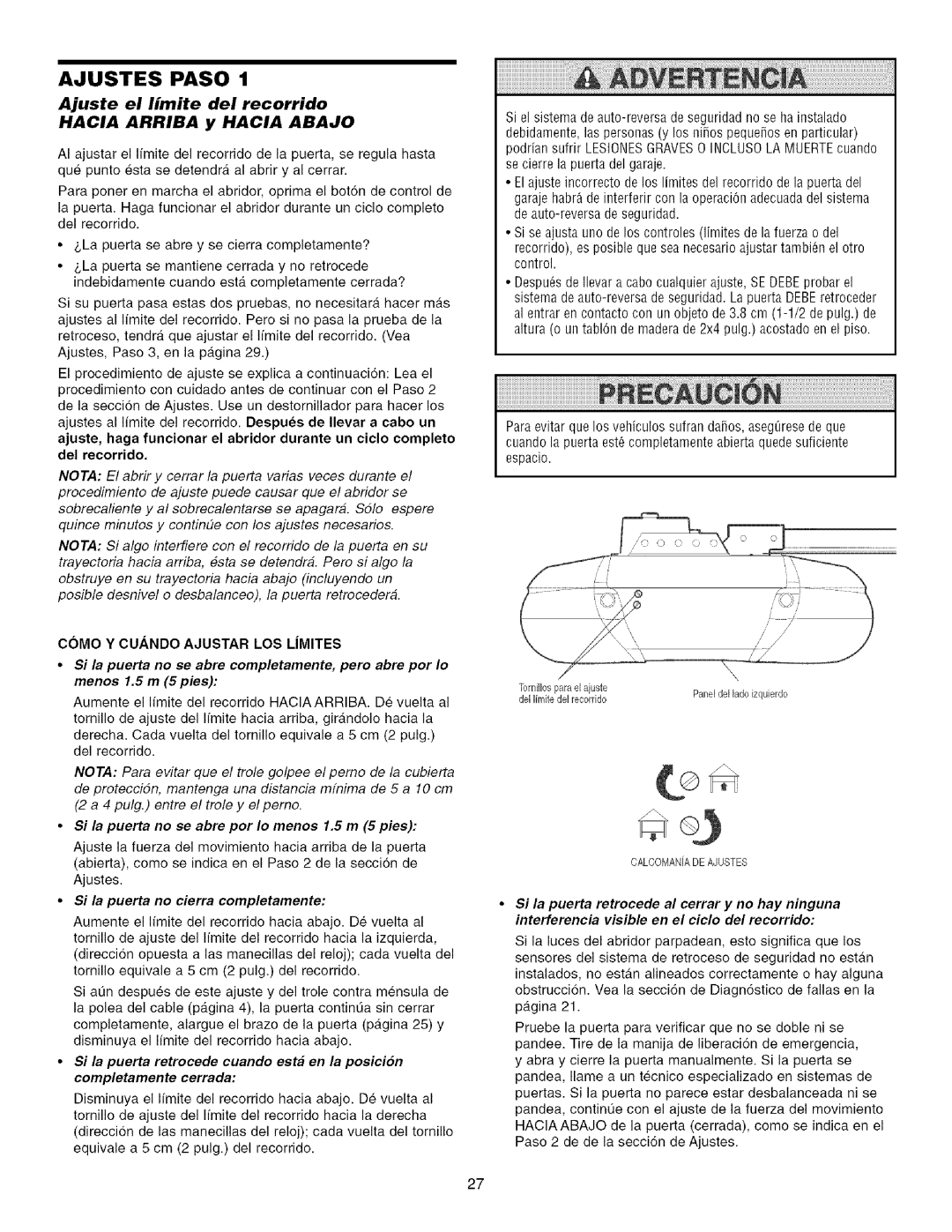 Craftsman 139.53993D Ajustes Paso, Ajuste el limite del recorrido Hacia Arriba y Hacia Abajo, Calcomanade Ajustes 