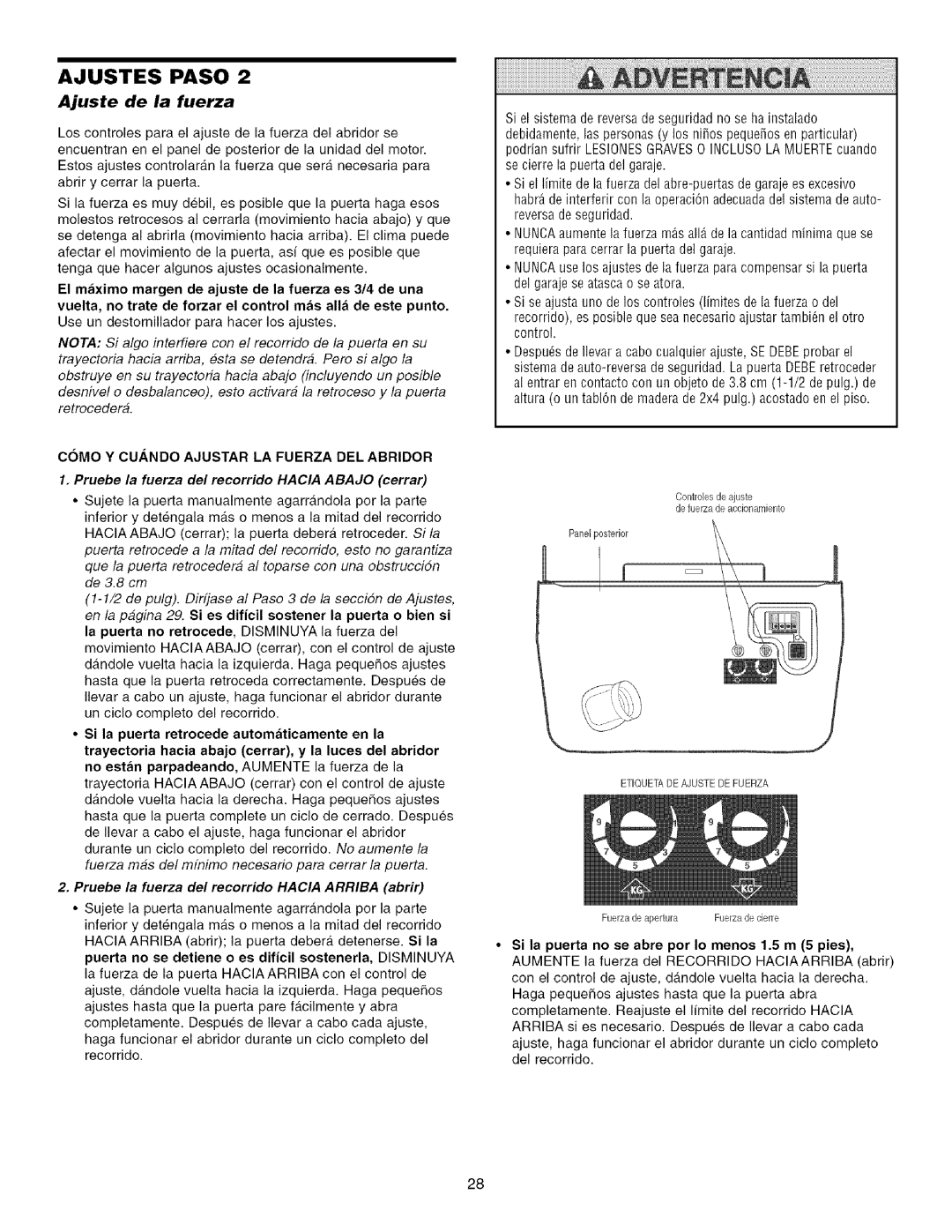 Craftsman 139.53993D owner manual Ajuste de la fuerza, Etiouetade Ajustede Fuerza 