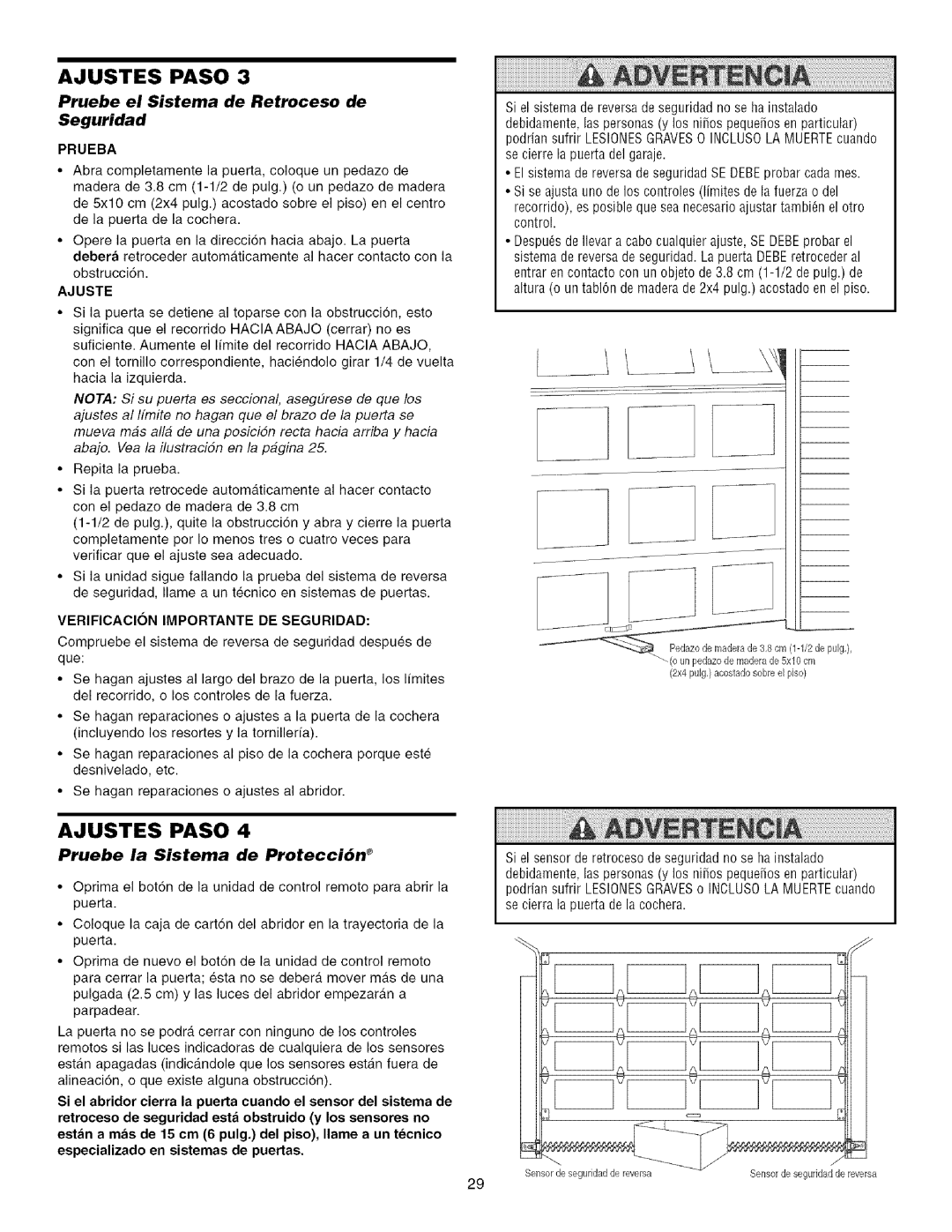 Craftsman 139.53993D Pruebe la Sistema de Protecci6n, Pruebe el Sistema de Retroceso de Seguridad, Prueba, Ajuste 