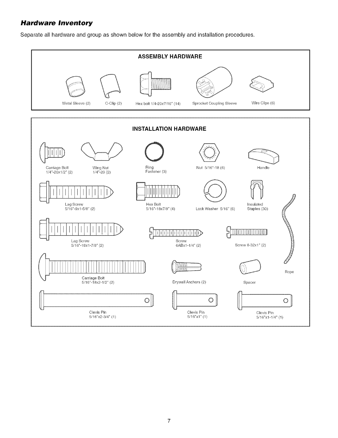 Craftsman 139.53993D owner manual Hardware Inventory, Assembly Hardware, Installation Hardware 