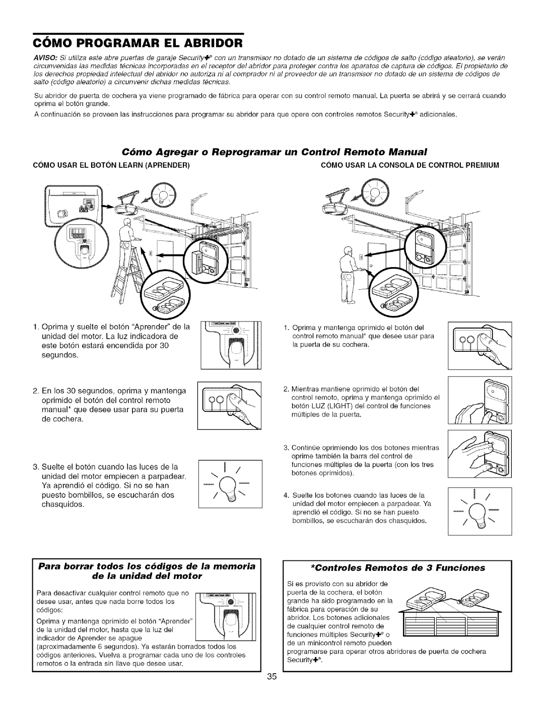 Craftsman 139.53993D owner manual Como Programar EL Abridor, C6mo Agregar o Reprogramar un Control Remoto Manual 