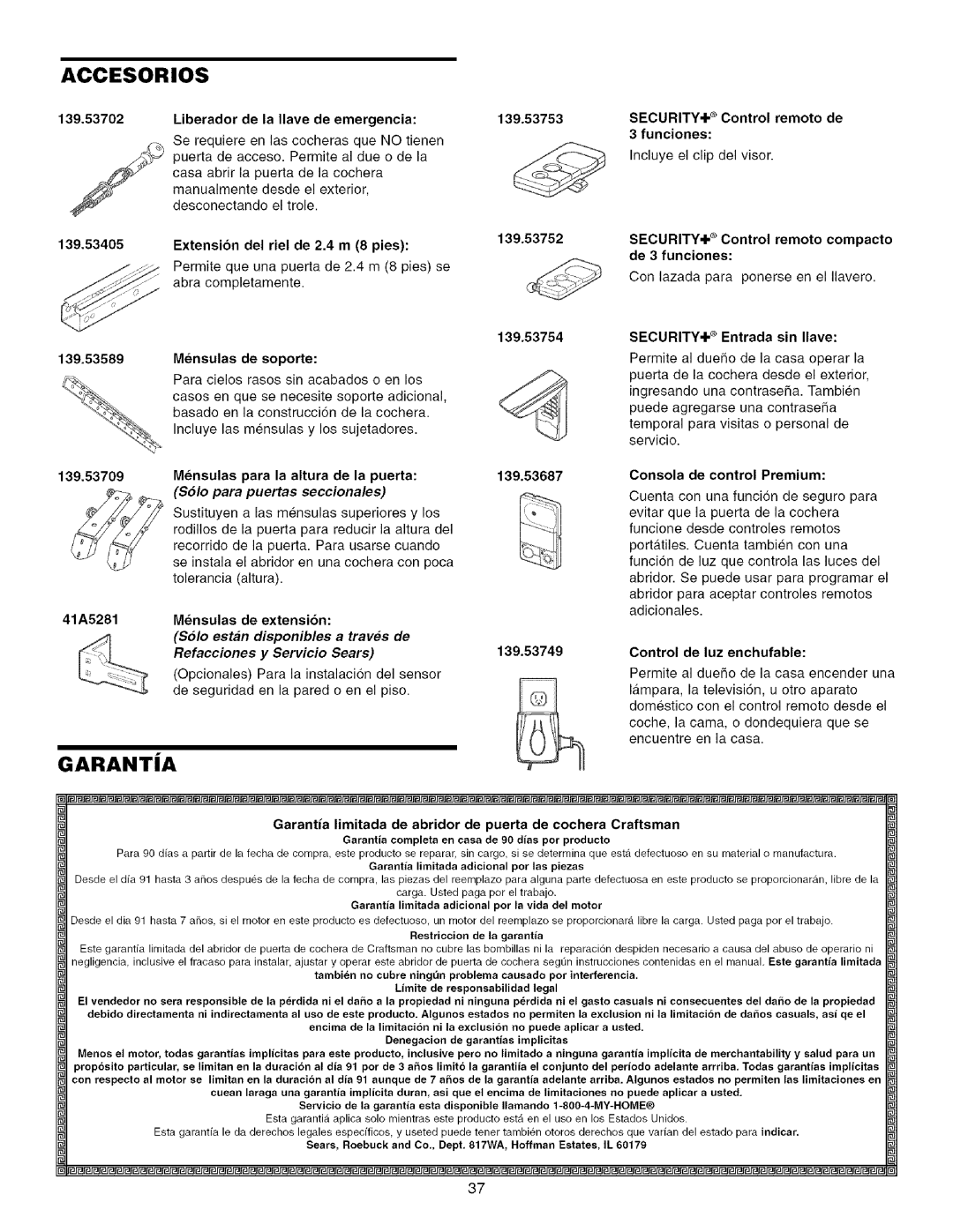 Craftsman 139.53993D owner manual Accesorios, Riel de 2.4 m 8 pies 