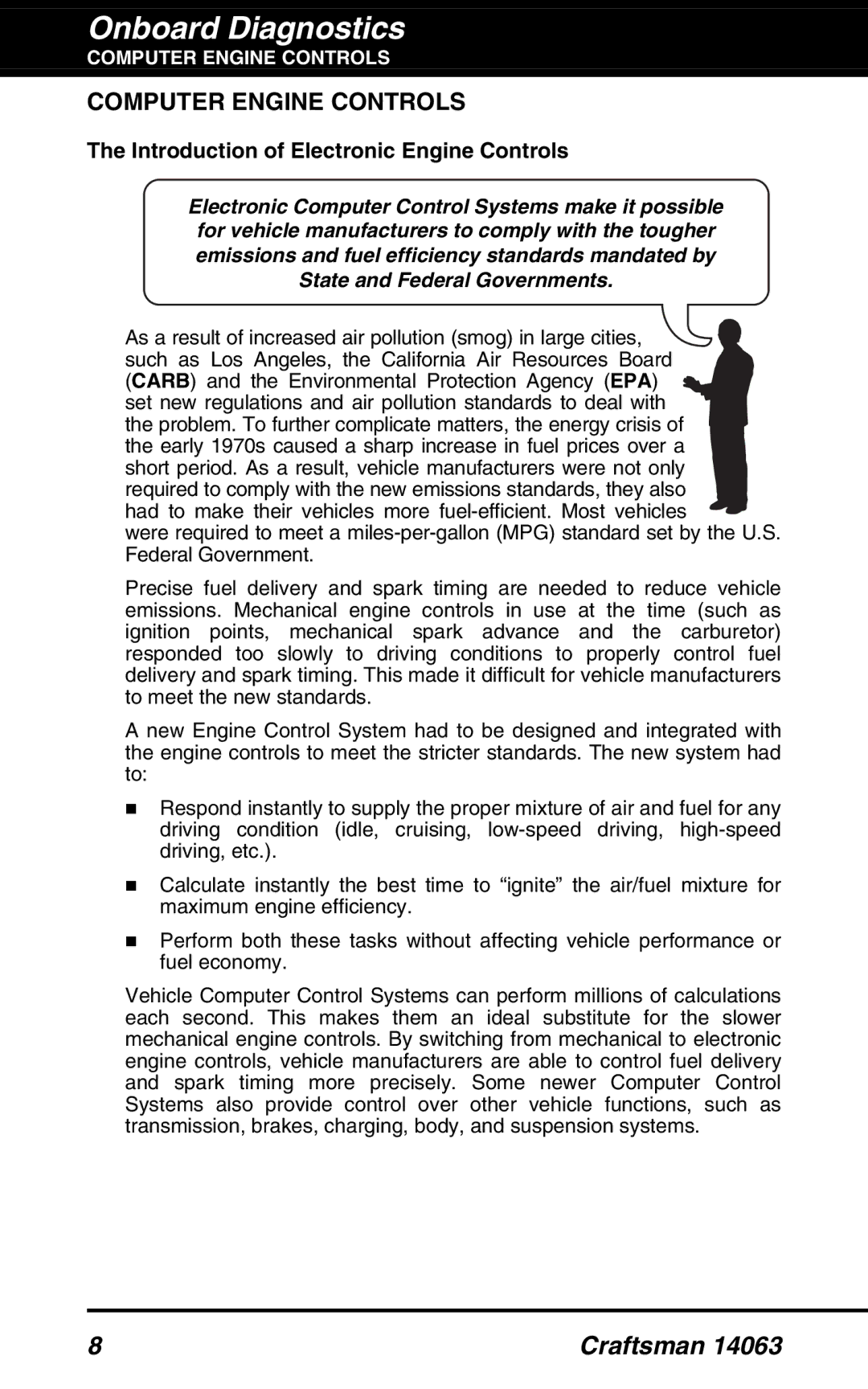 Craftsman 14063 manual Onboard Diagnostics, Computer Engine Controls, Introduction of Electronic Engine Controls 