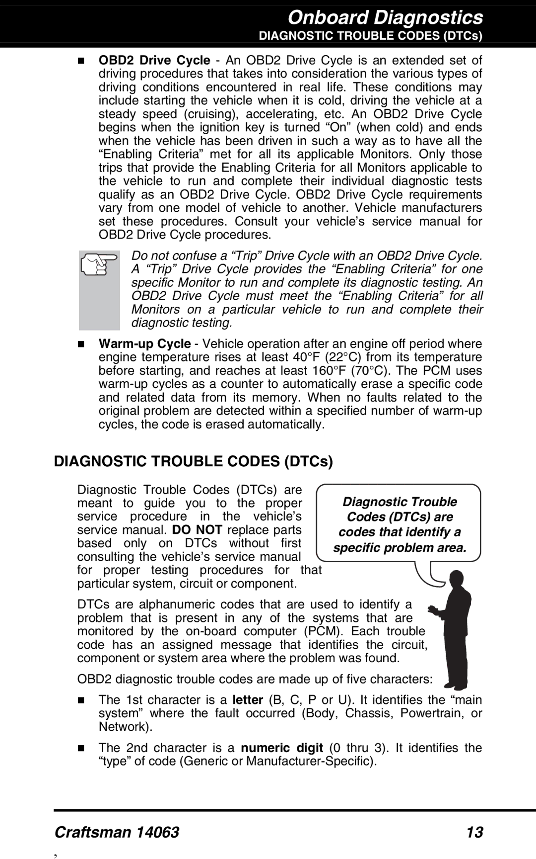 Craftsman 14063 manual Diagnostic Trouble Codes DTCs 