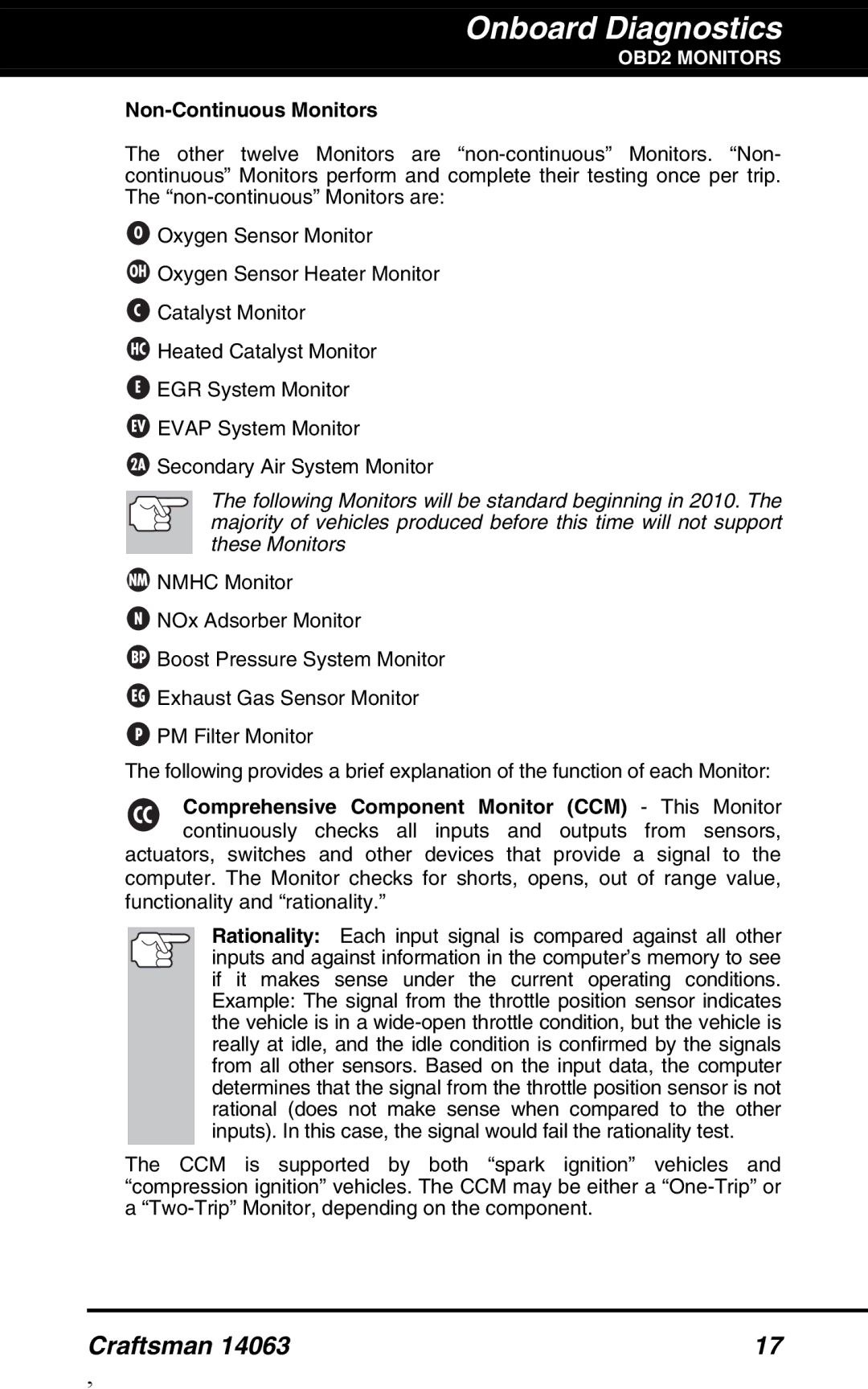 Craftsman 14063 manual Non-Continuous Monitors 