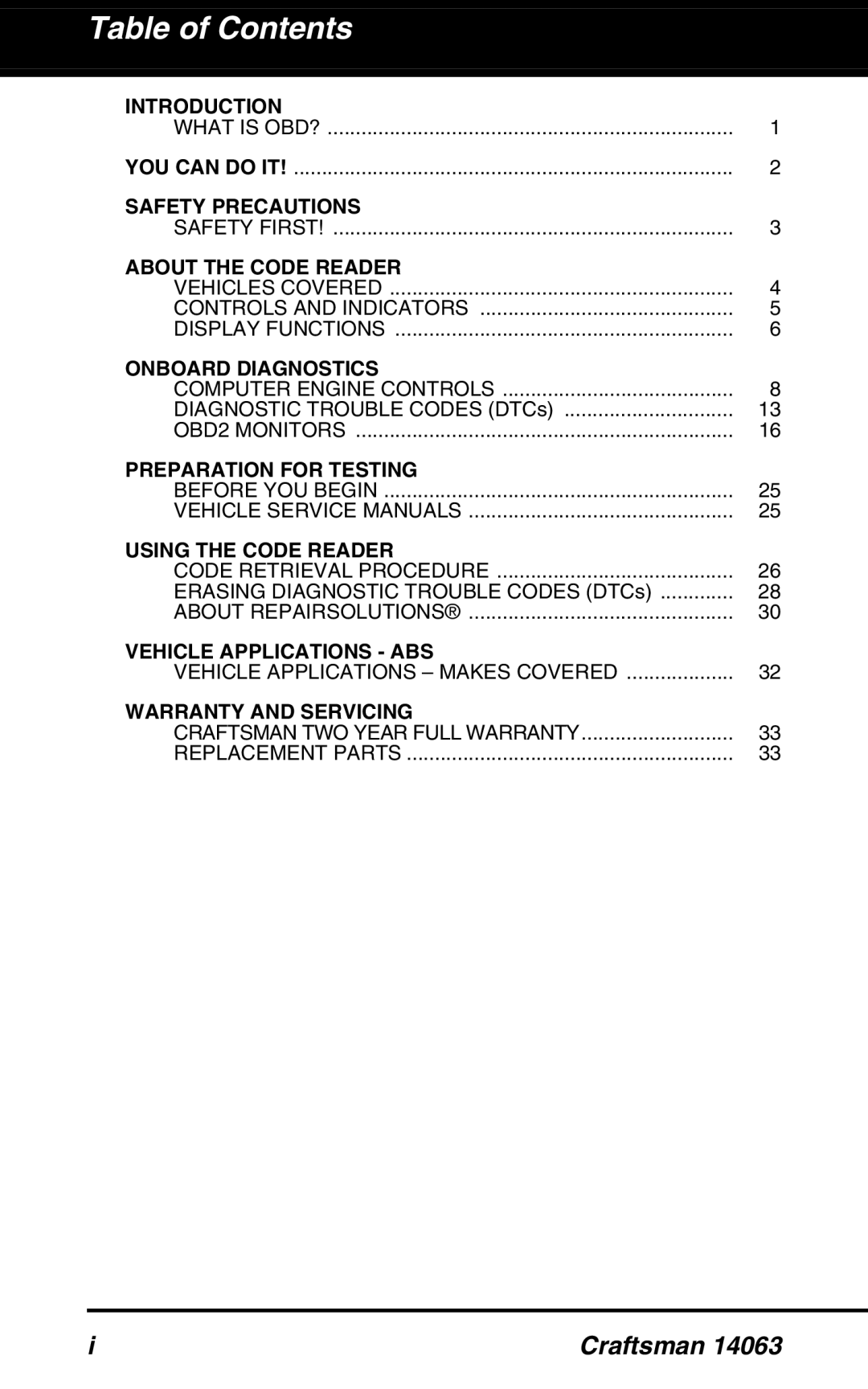 Craftsman 14063 manual Table of Contents 