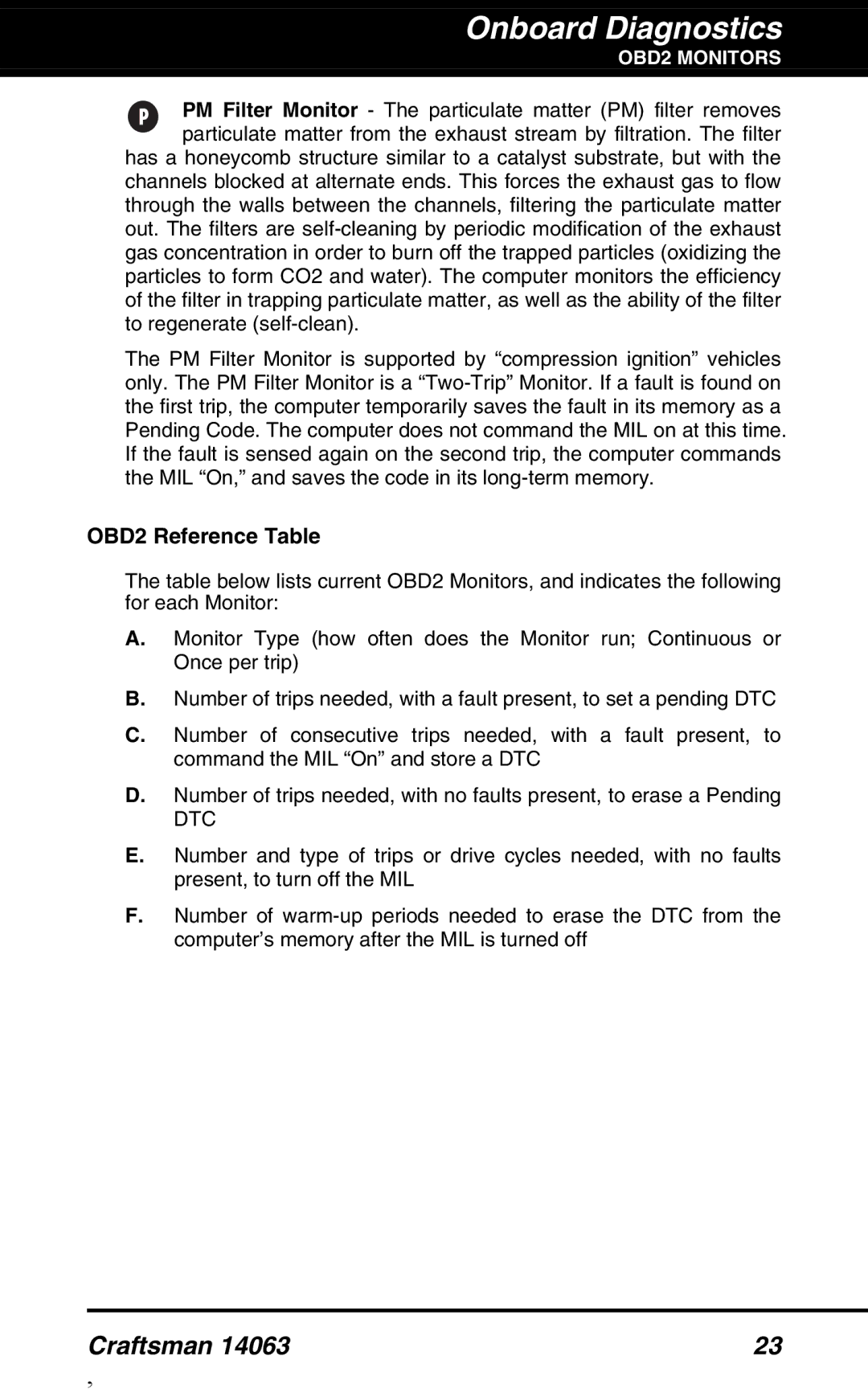 Craftsman 14063 manual OBD2 Reference Table, Dtc 